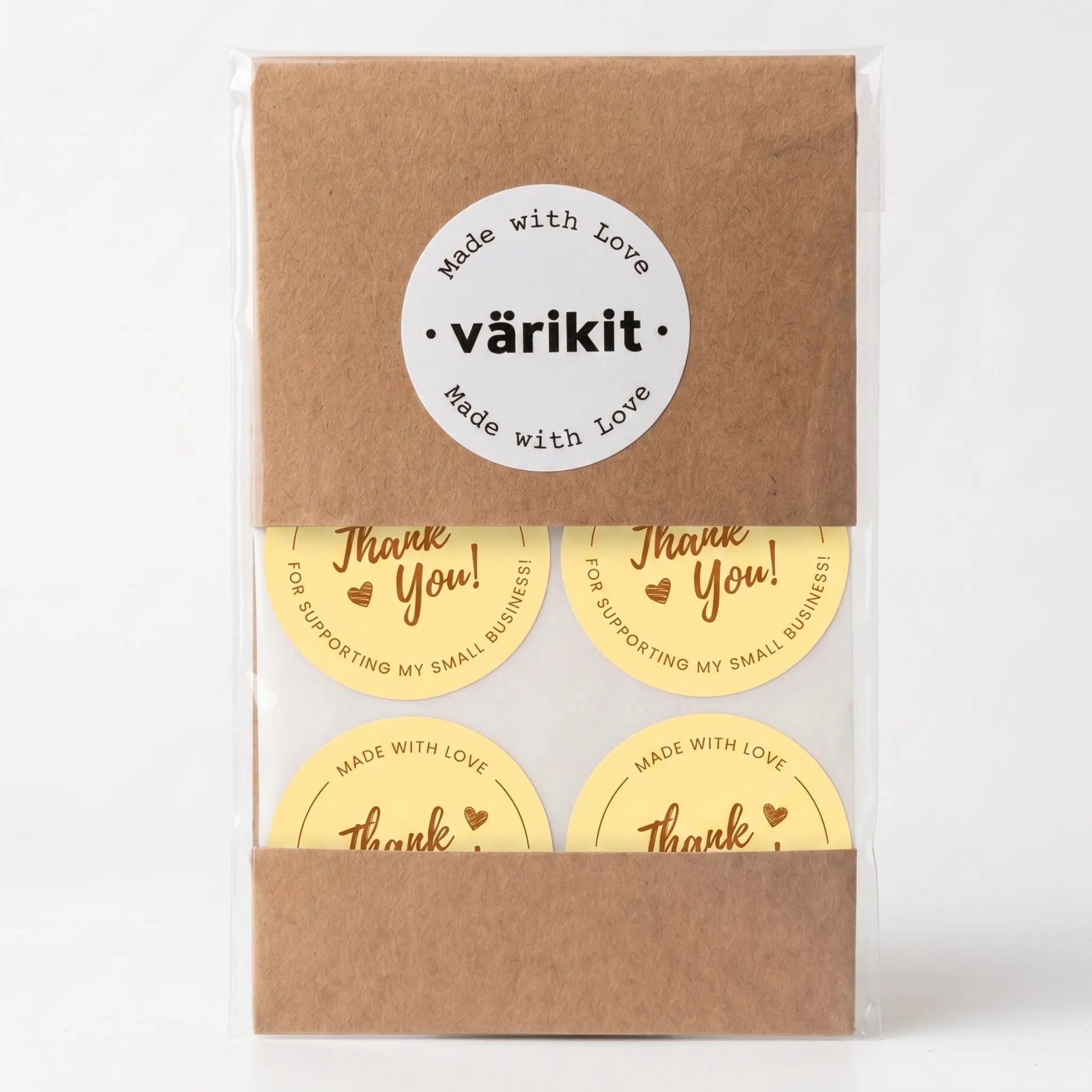 Thank you sticker with cursive script design in yellow and coffee
