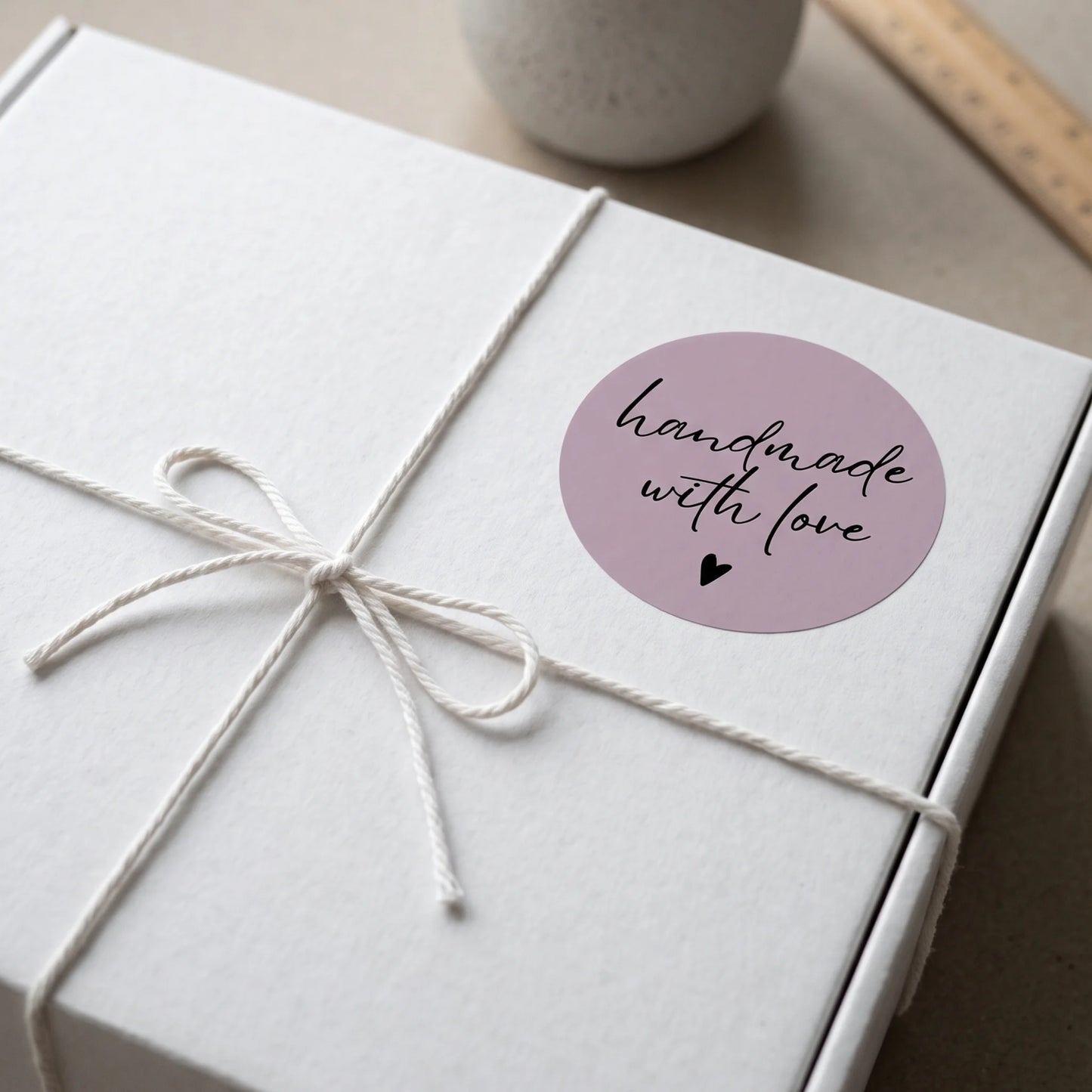 Layer a delicate hand-lettered heart sticker over boutique shopping bags.