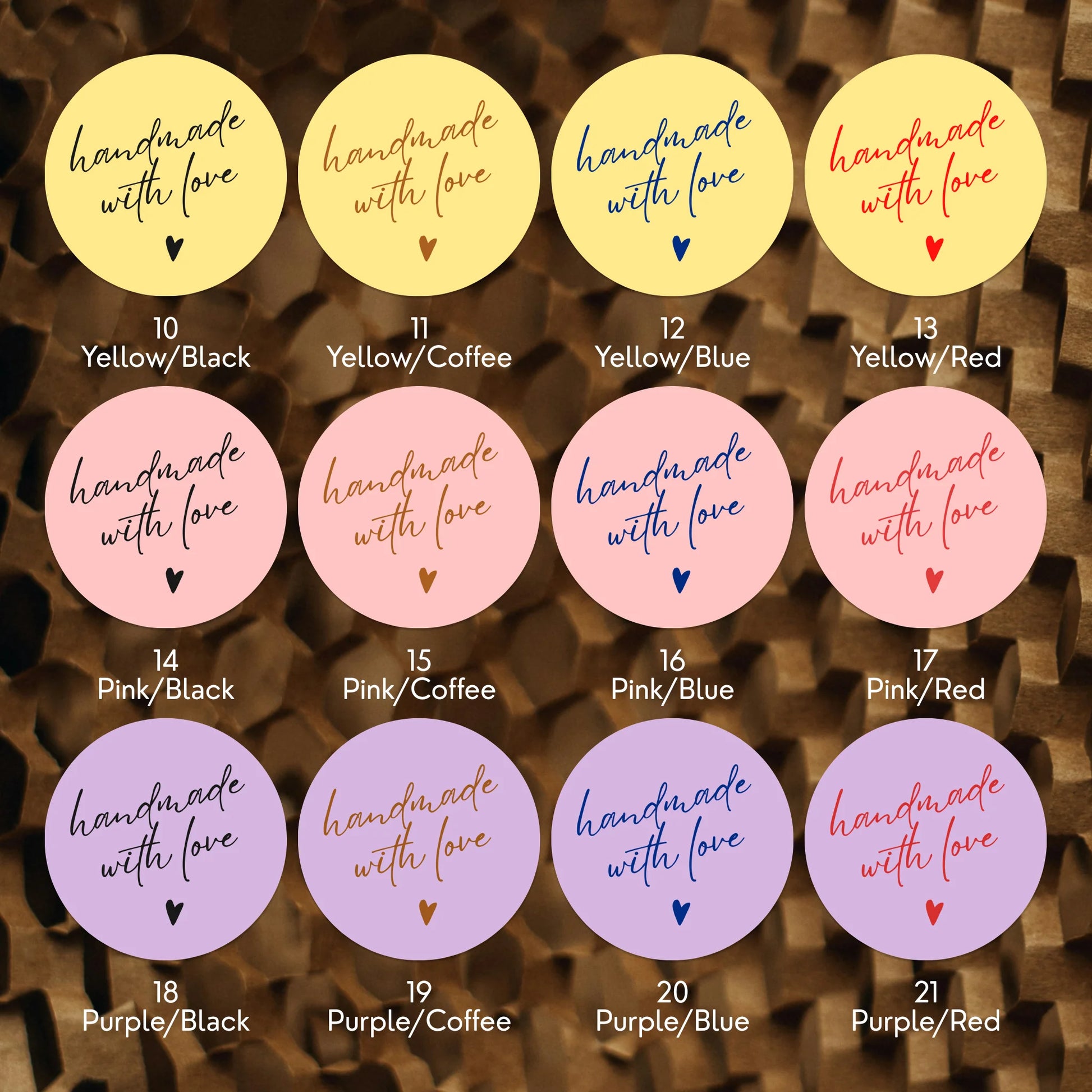 Varikit 2-inch round Handwritten Type sticker color chart, pink, purple and yellow paper options.