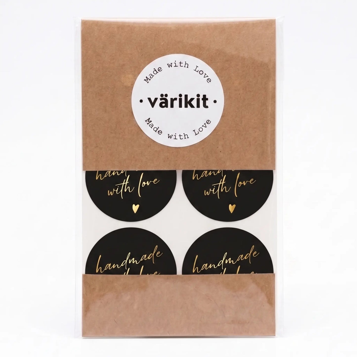 Handmade with love sticker with handwritten type script design in black and gold foil