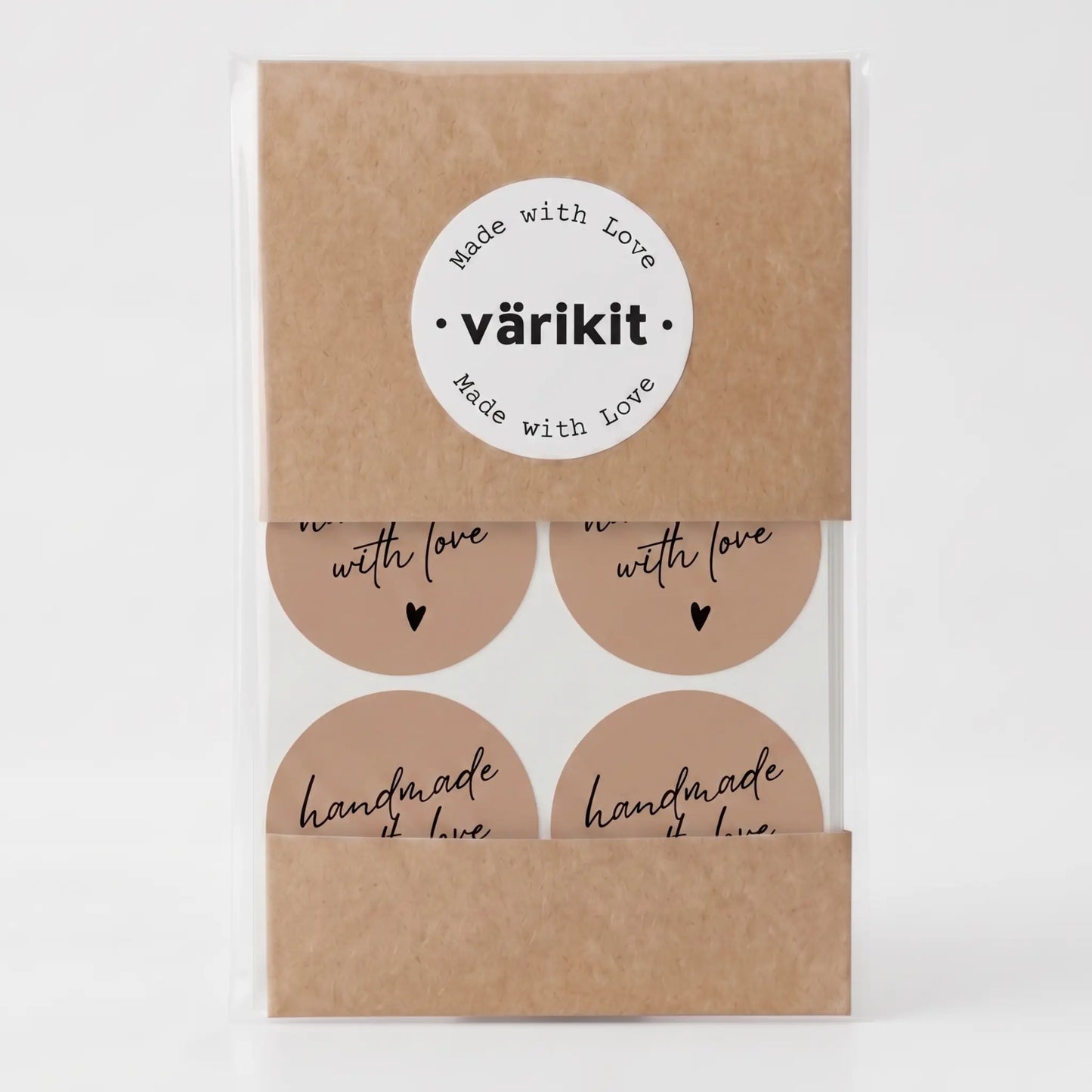 Handwritten type script handmade with love sticker in brown and black
