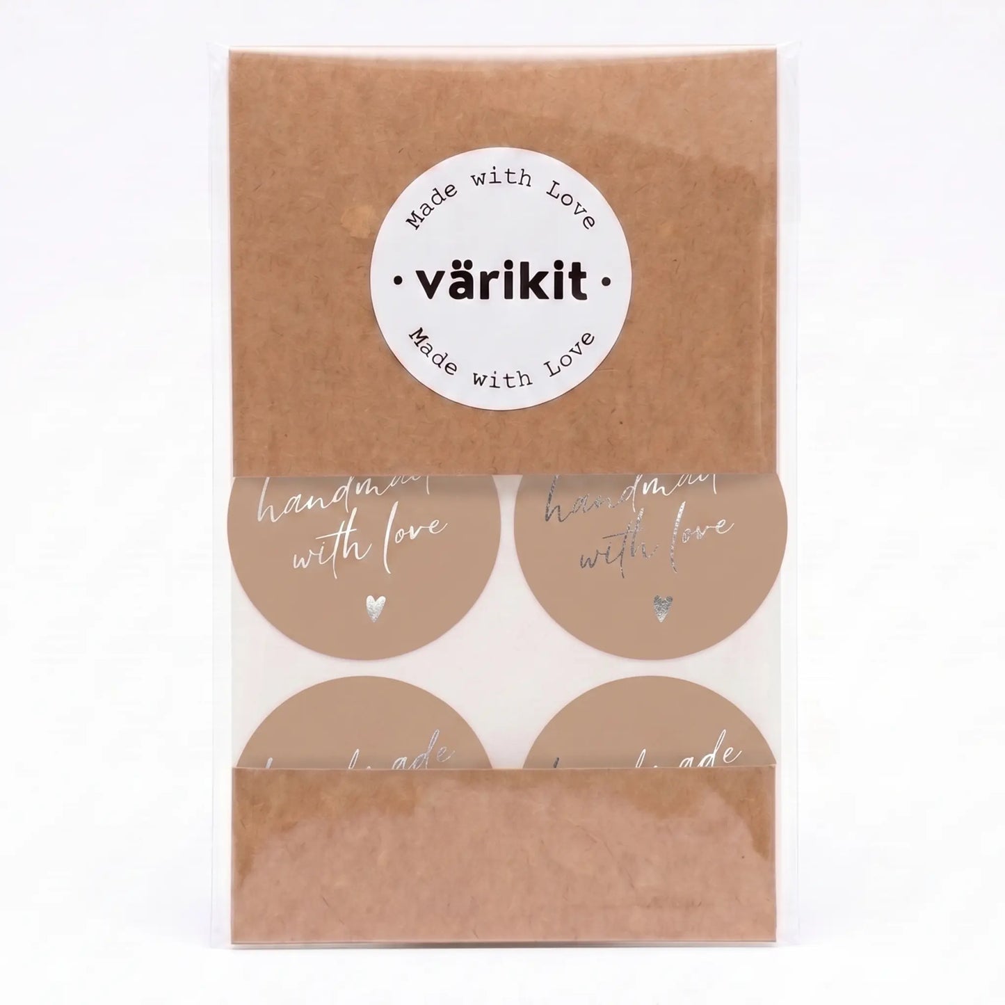 Round handmade with love label with handwritten type script design