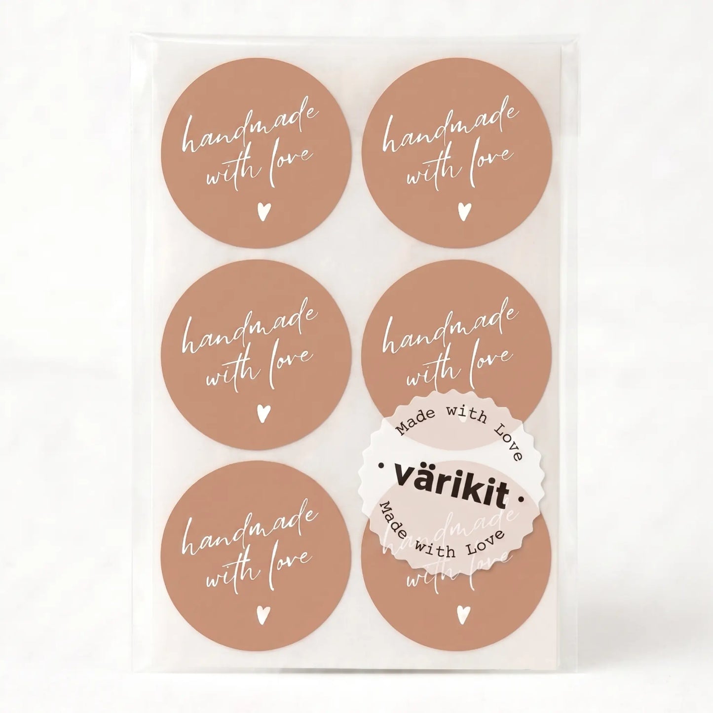 Handmade with love sticker with handwritten type script design in brown and silver white