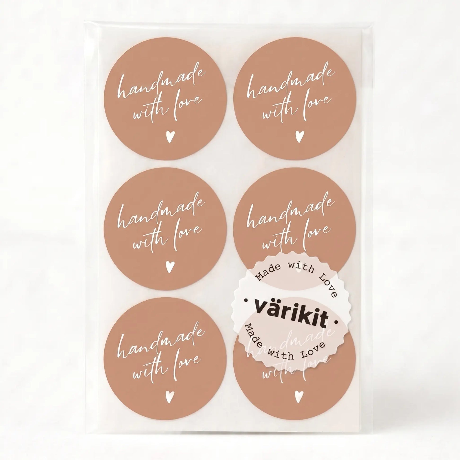 Handmade with love sticker with handwritten type script design in brown and silver white