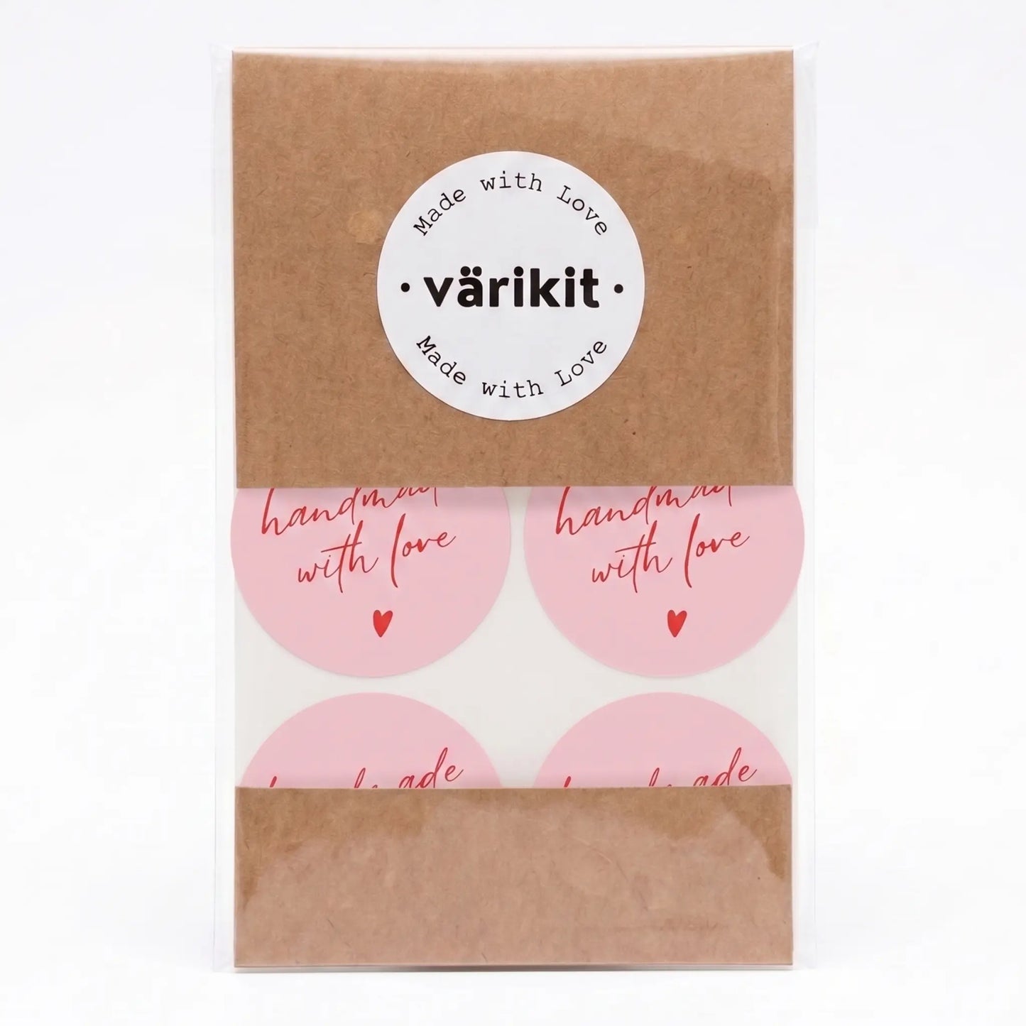 Handwritten type script handmade with love sticker in pink and red