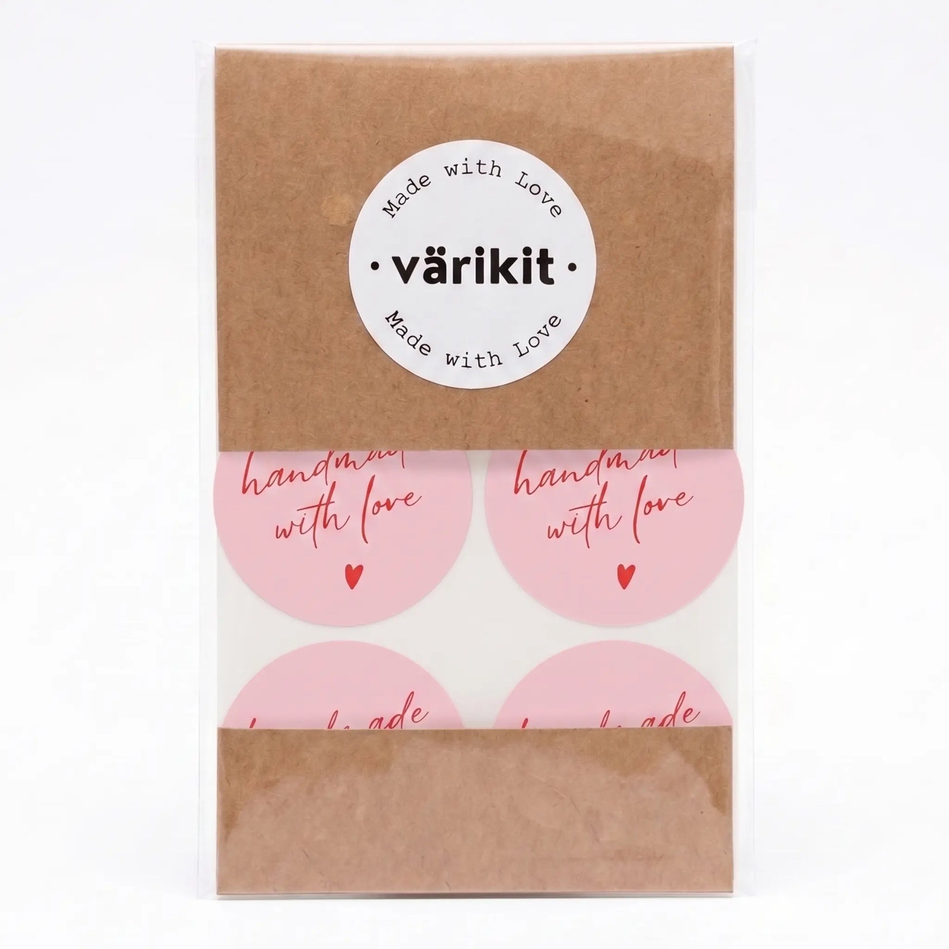 Handwritten type script handmade with love sticker in pink and red