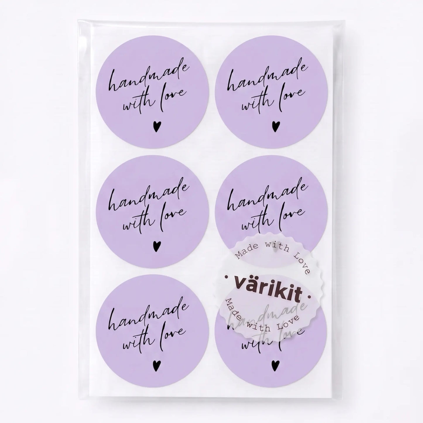 Round handmade with love label with handwritten type script design
