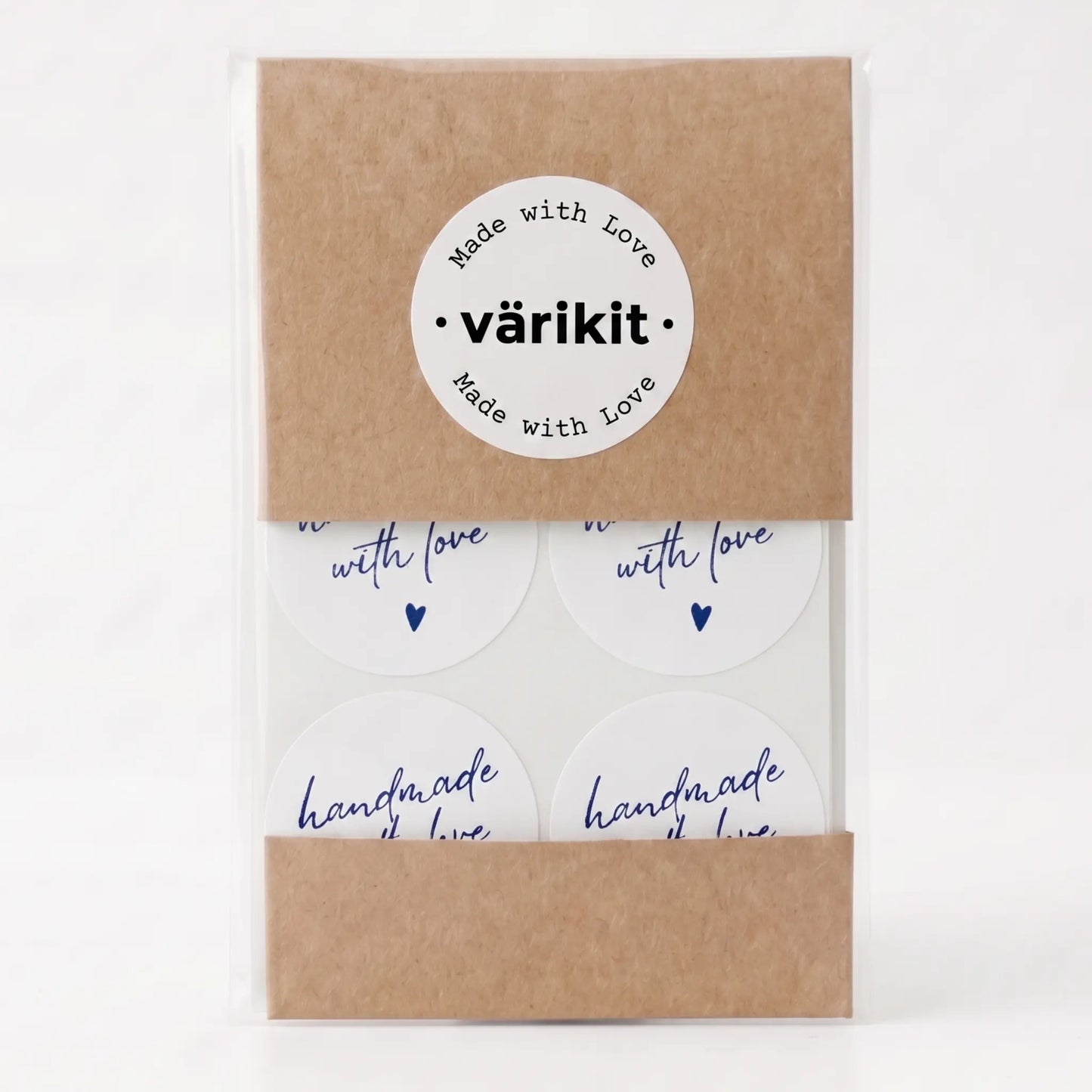 White and blue handwritten type handmade with love sticker