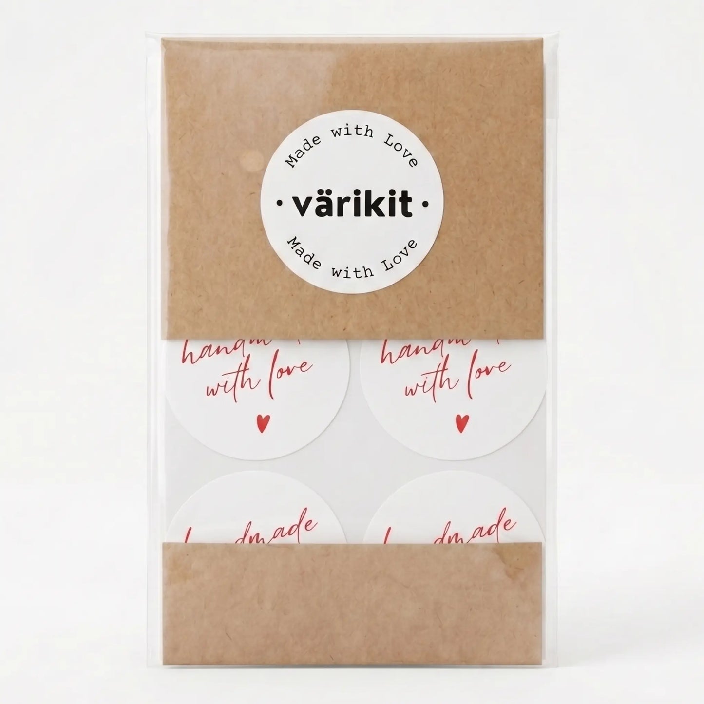 Round handmade with love label with handwritten type script design