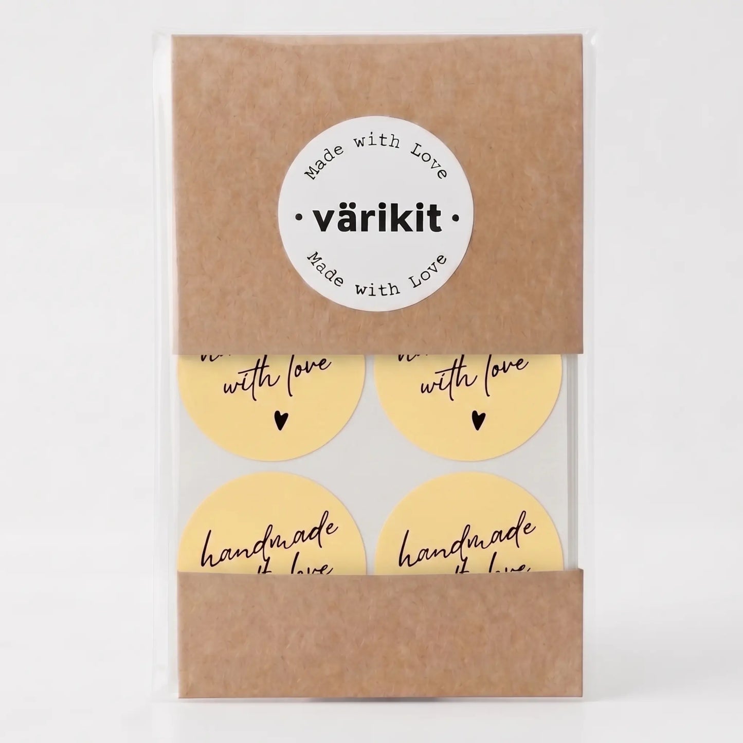 Handmade with love sticker with handwritten type script design in yellow and black