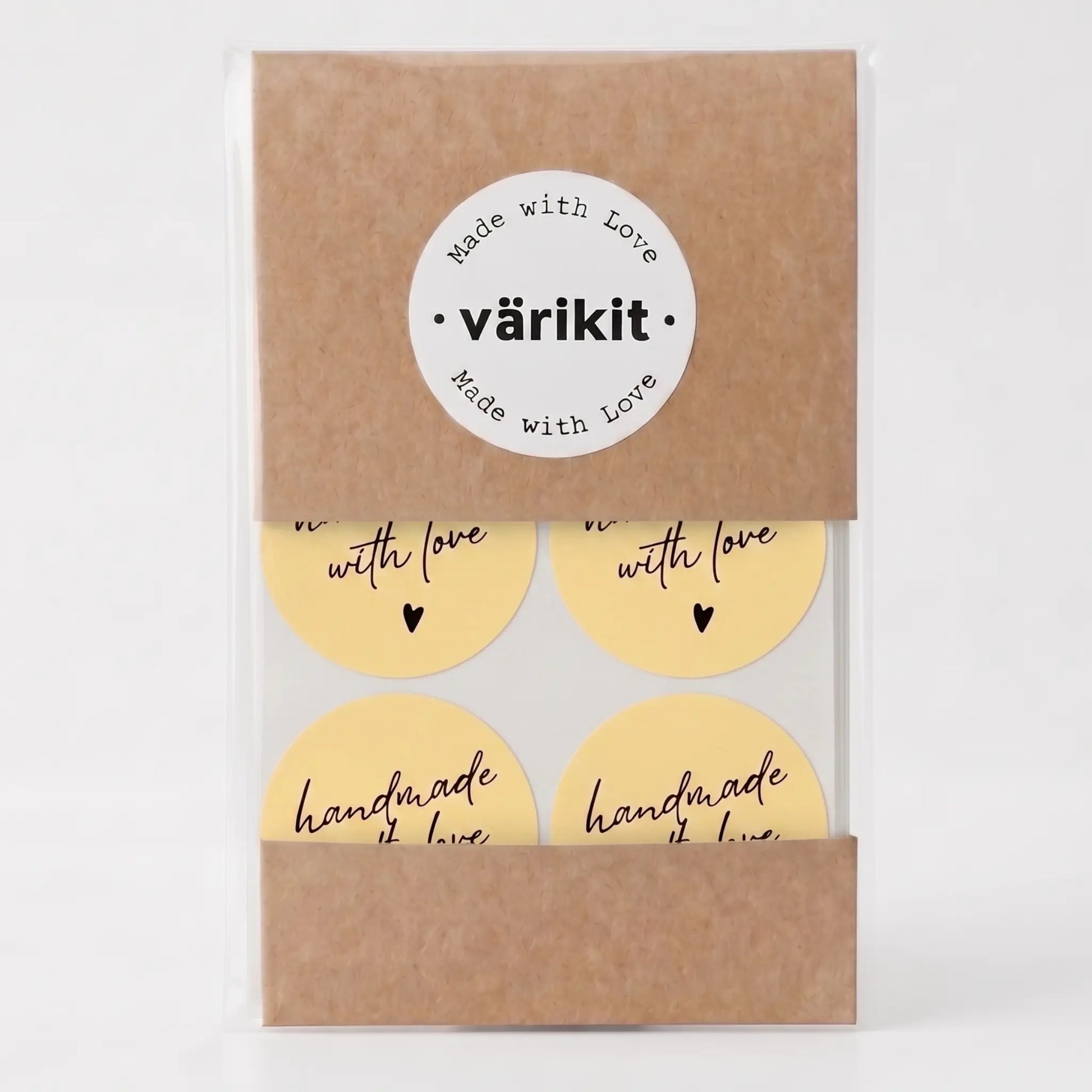 Handmade with love sticker with handwritten type script design in yellow and black