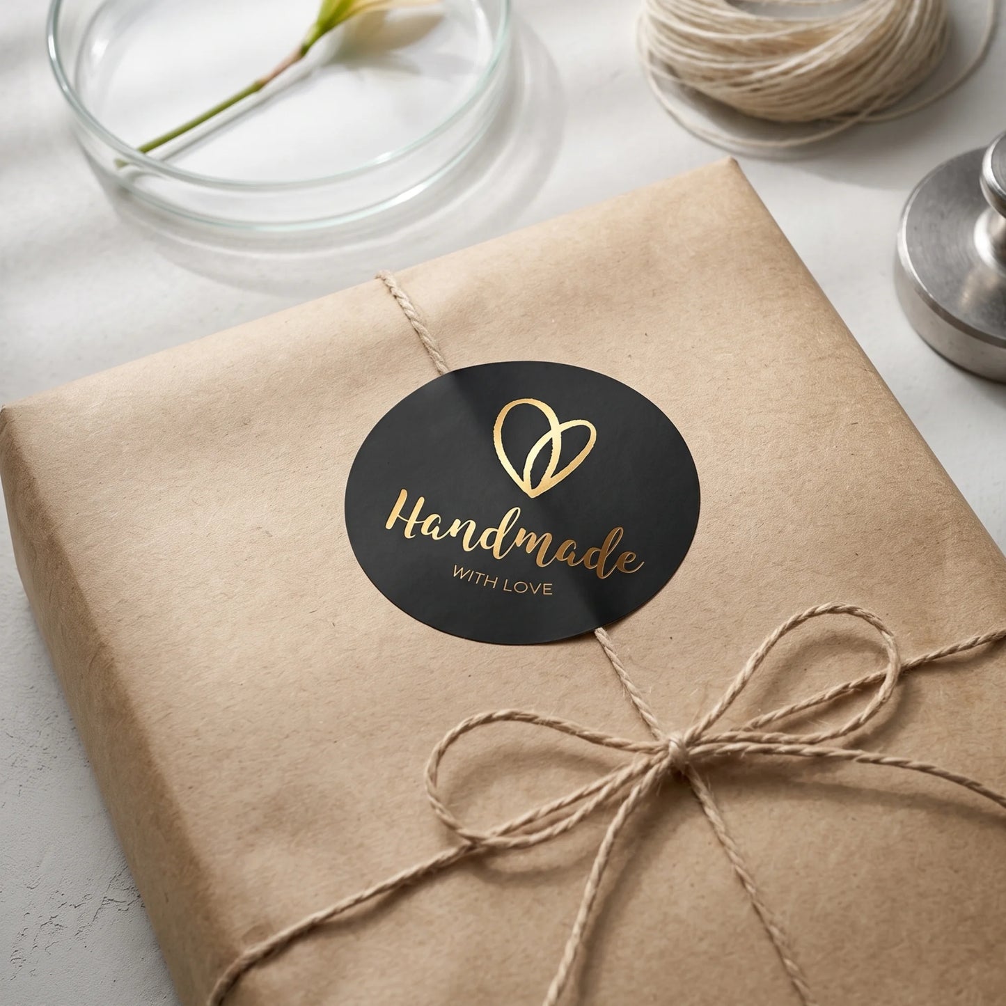 A hand-lettered maker seal identifying signature handcrafted orders.