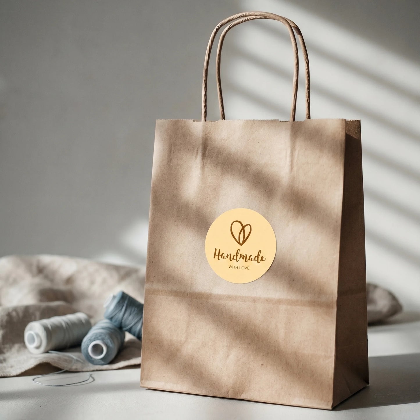 Handmade with Love script on a paper sticker, sealing online customer orders.