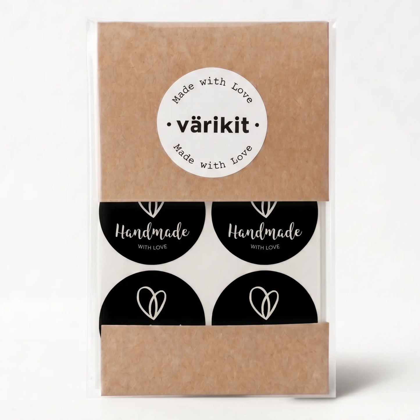 Handmade with love sticker with organic heart script design in black and silver white