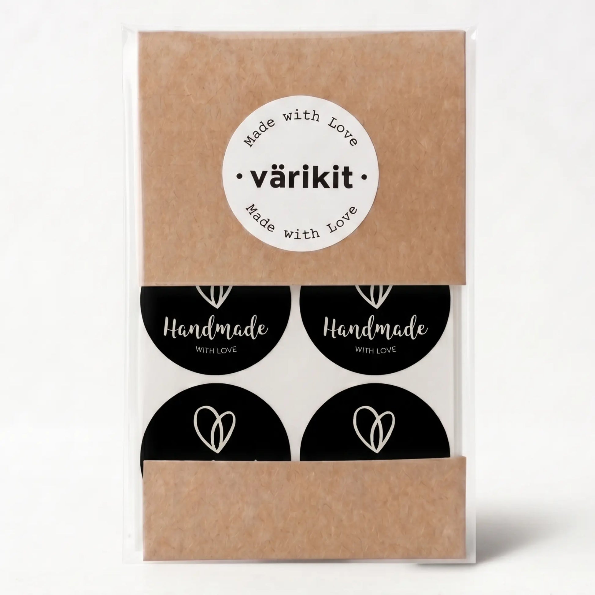 Handmade with love sticker with organic heart script design in black and silver white