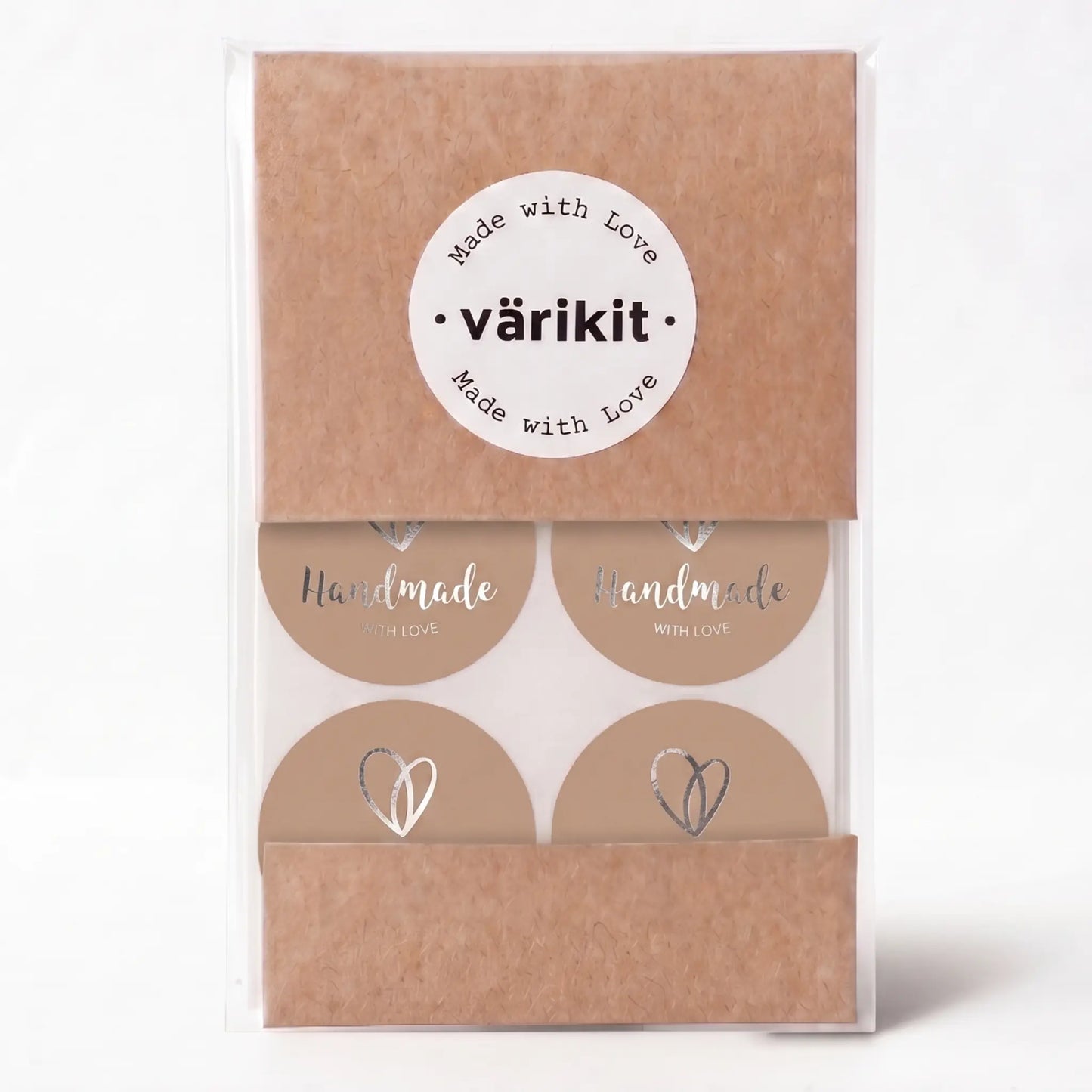 Handmade with love sticker with organic heart script design in brown and silver foil