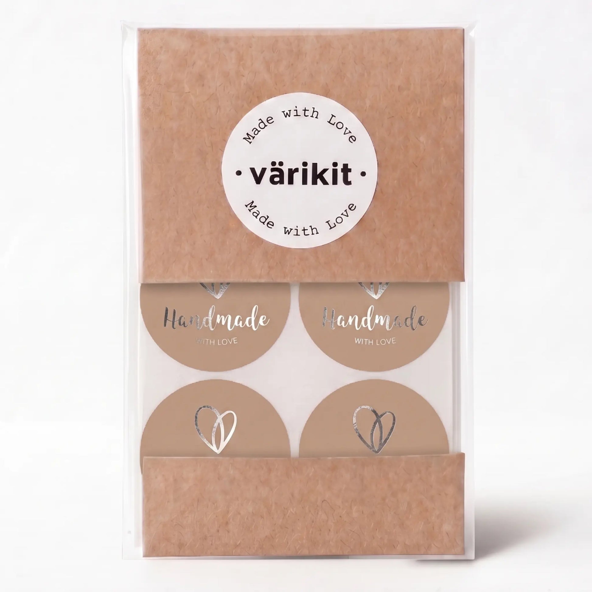Handmade with love sticker with organic heart script design in brown and silver foil