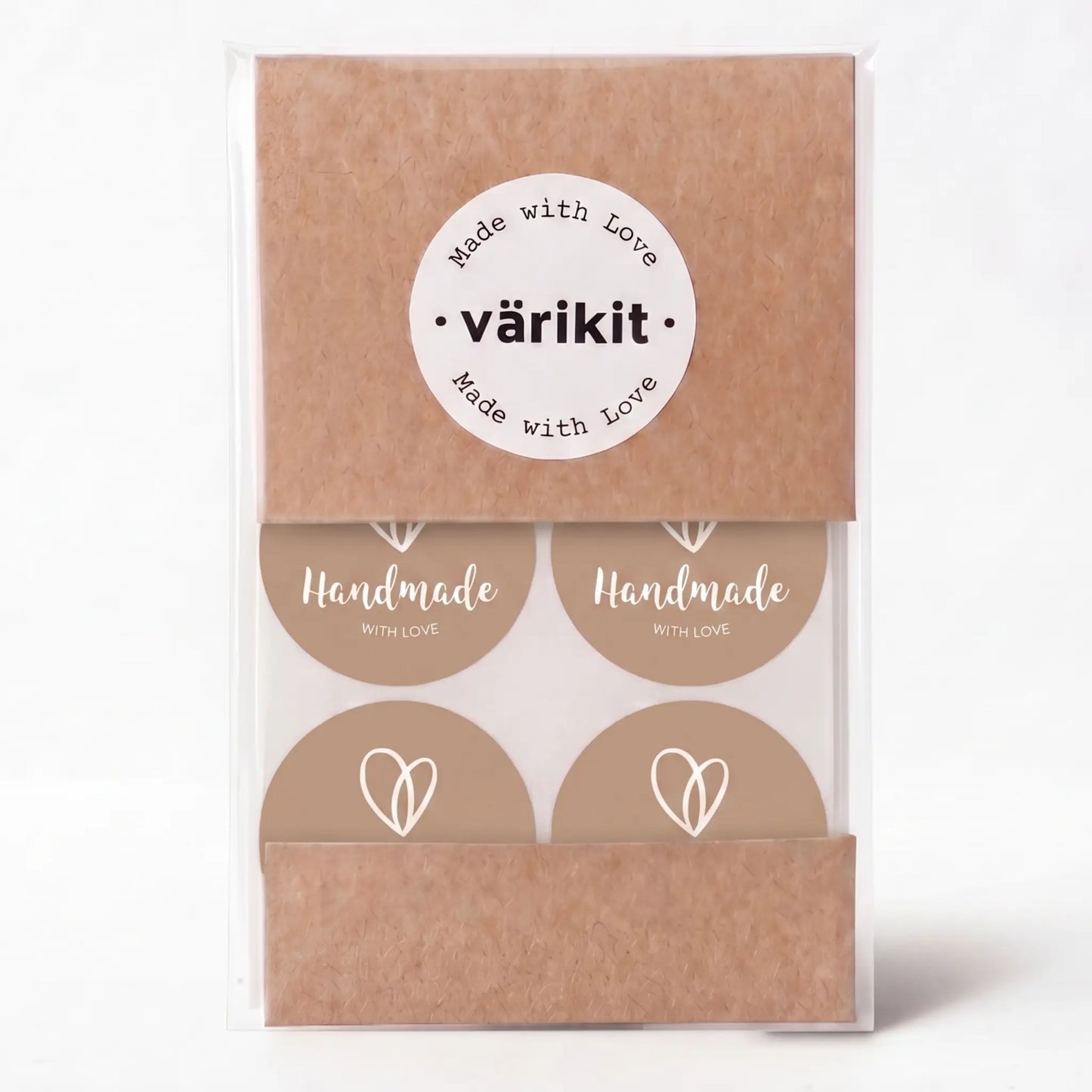 Round handmade with love label with organic heart script design