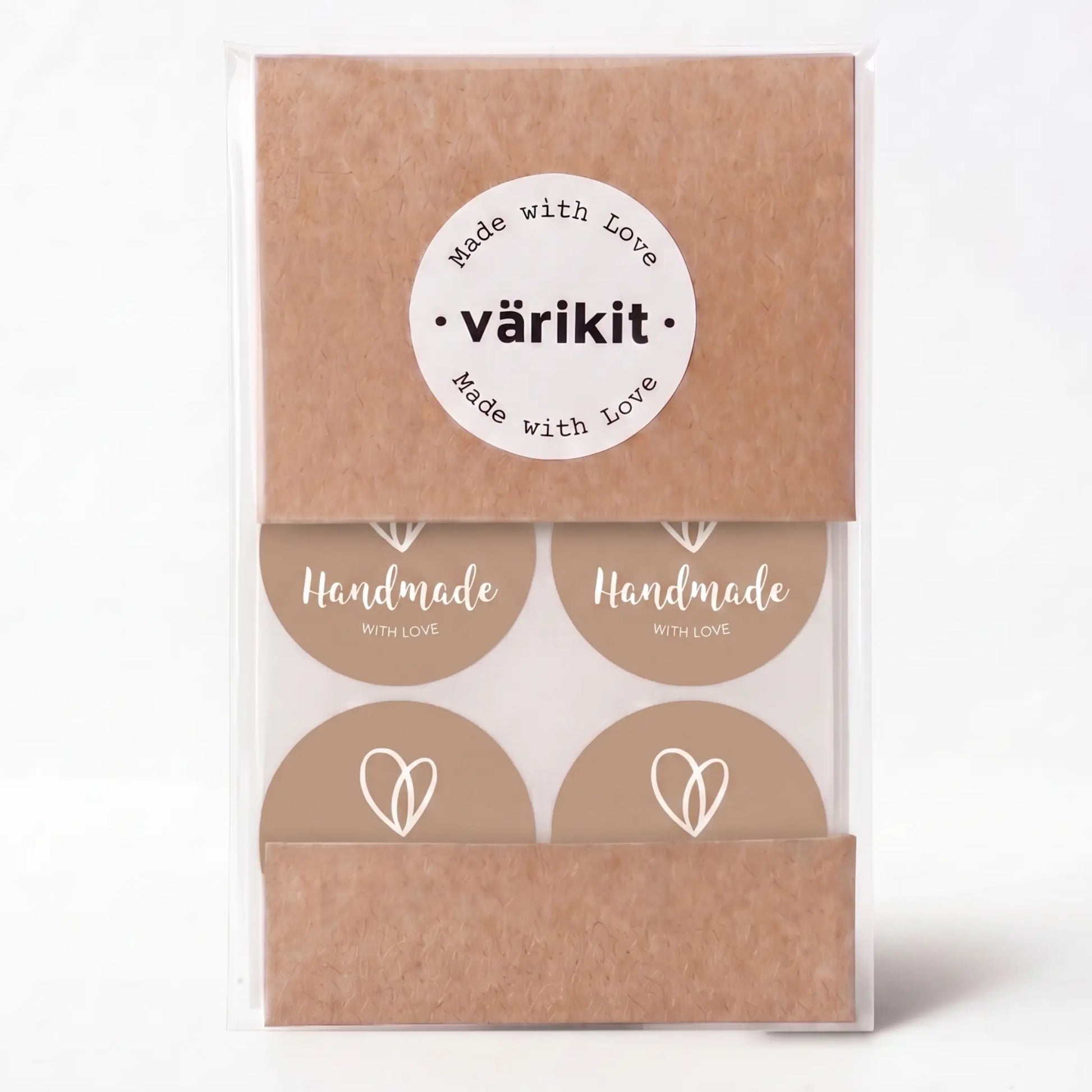 Round handmade with love label with organic heart script design
