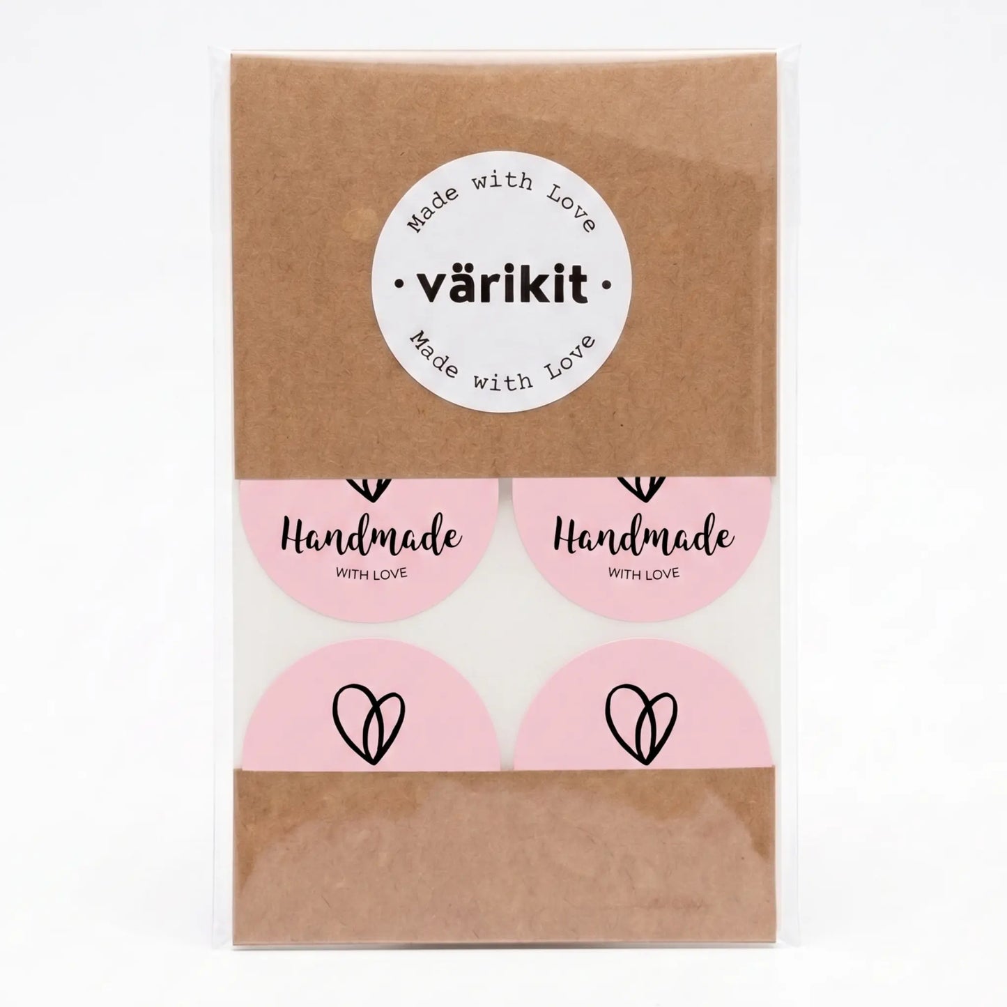 Organic heart script handmade with love sticker in pink and black