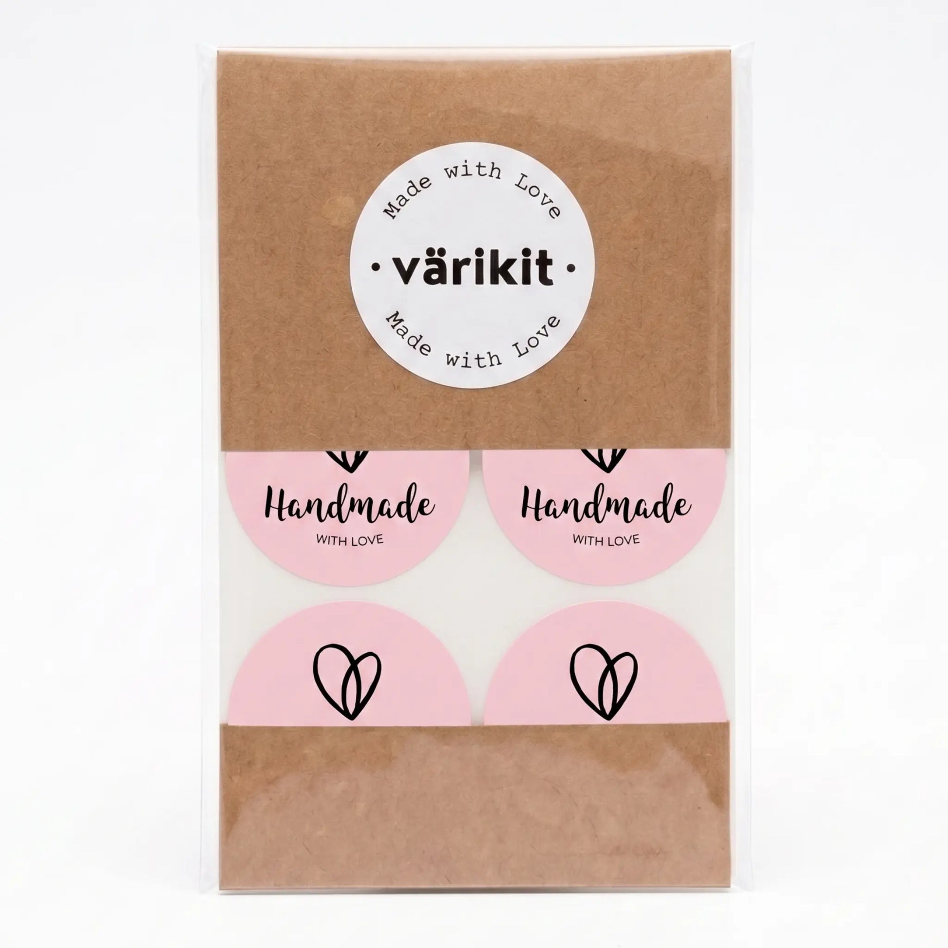Organic heart script handmade with love sticker in pink and black