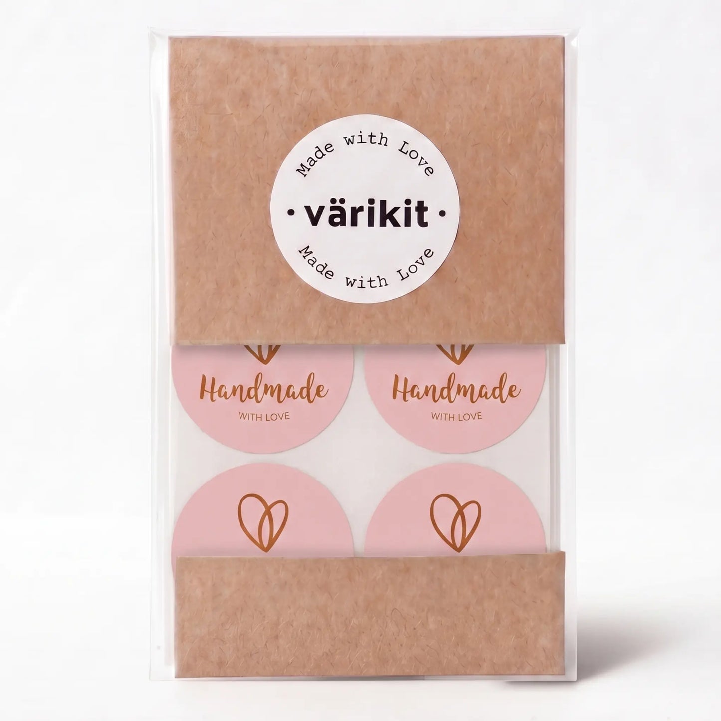 Handmade with love sticker with organic heart script design in pink and coffee