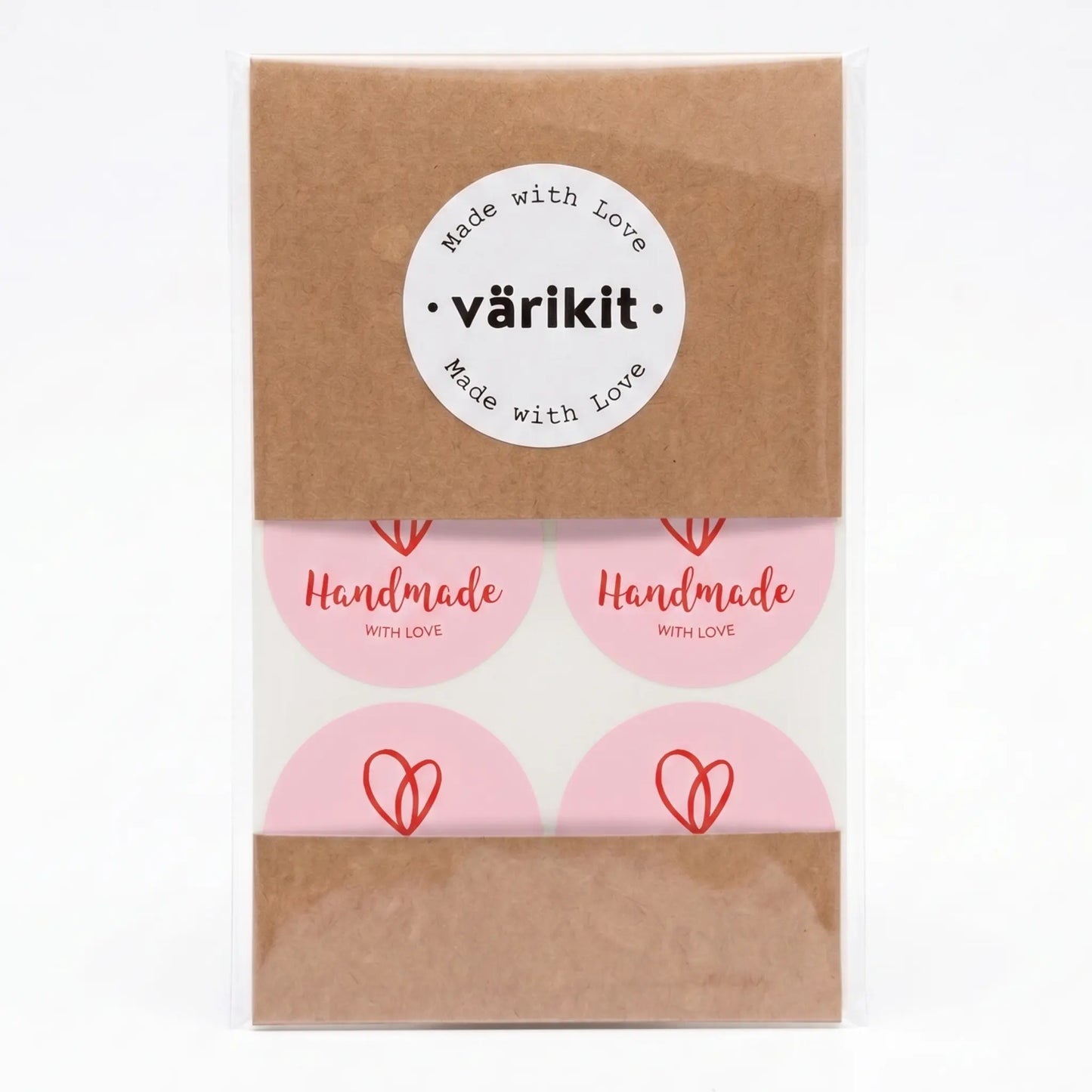 Round handmade with love label with organic heart script design
