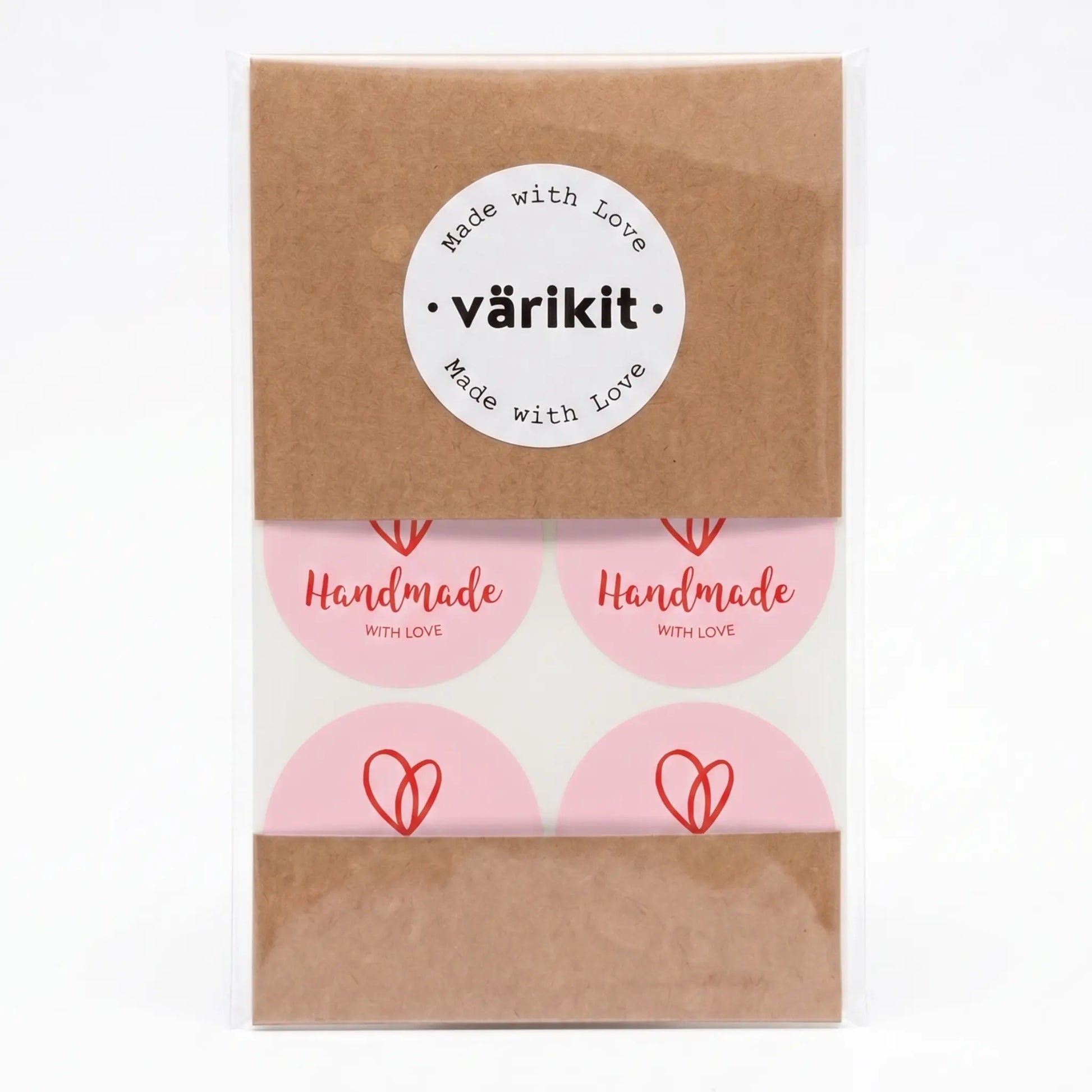 Round handmade with love label with organic heart script design