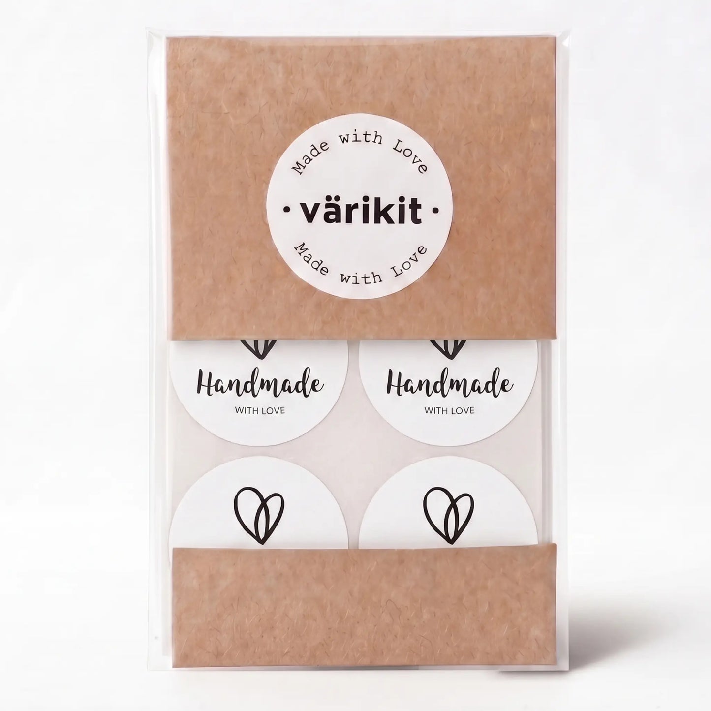 Handmade with love sticker with organic heart script design in white and black