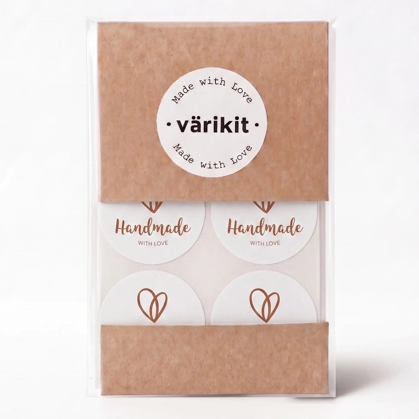 Organic heart script handmade with love sticker in white and coffee