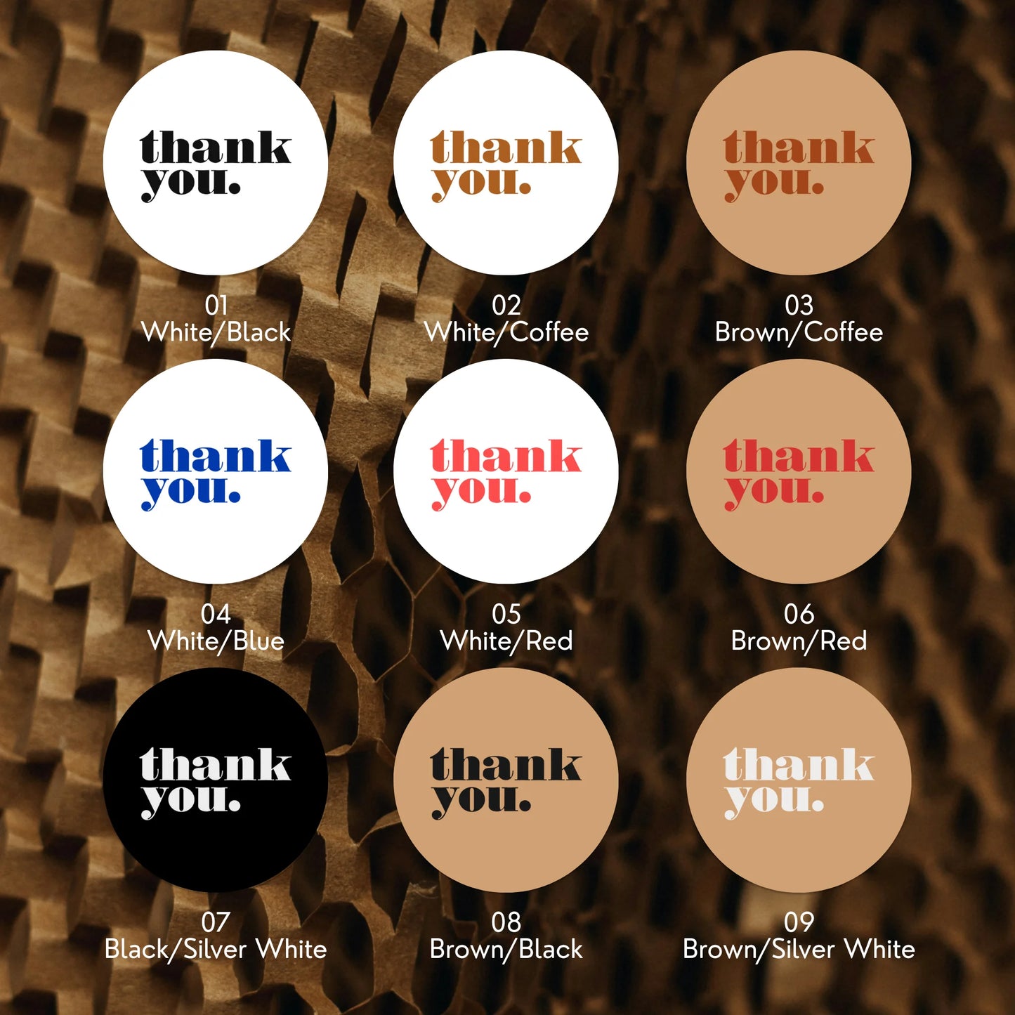 Varikit 2-inch round Minimalist Bold Type sticker color chart, gold and silver foil options.