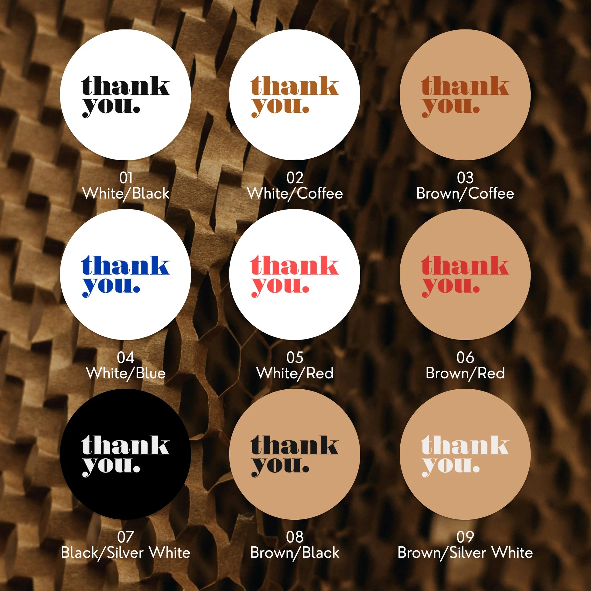 Varikit 2-inch round Minimalist Bold Type sticker color chart, gold and silver foil options.