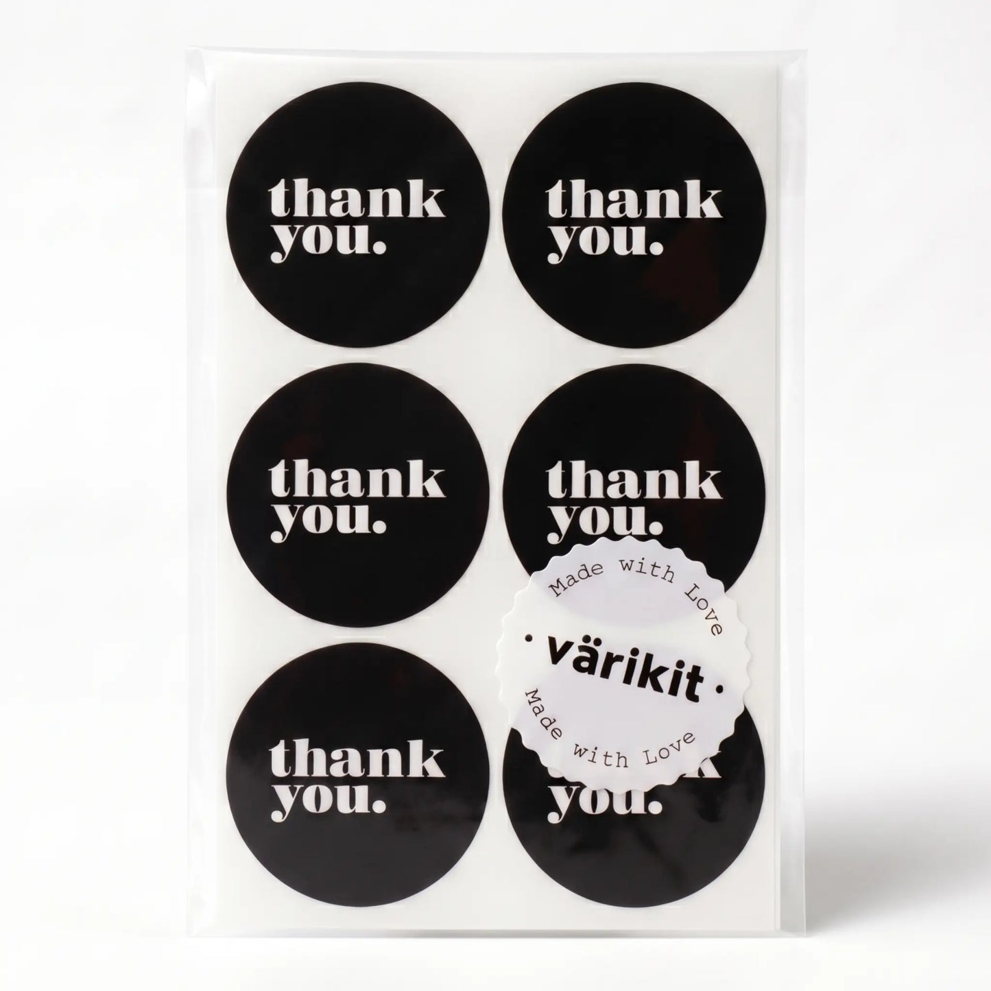Thank you sticker with minimalist bold type clean design in black and silver white