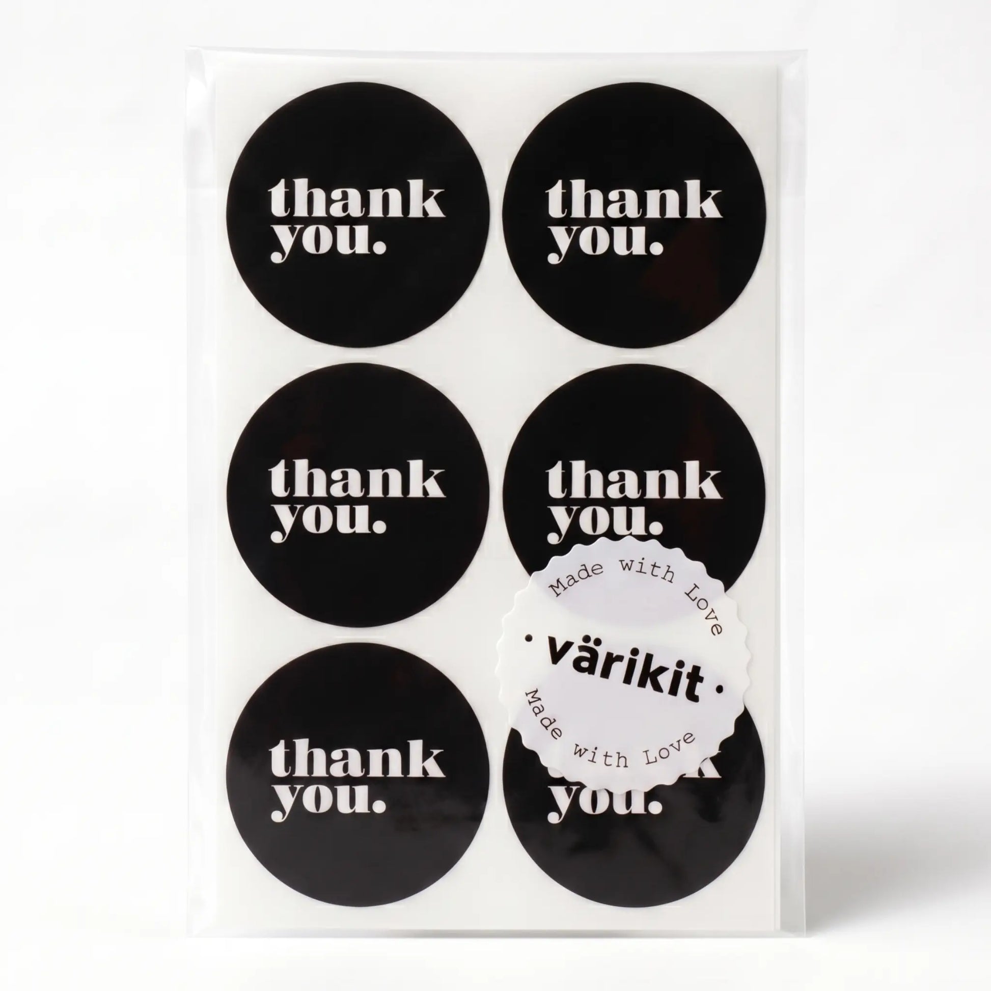 Thank you sticker with minimalist bold type clean design in black and silver white
