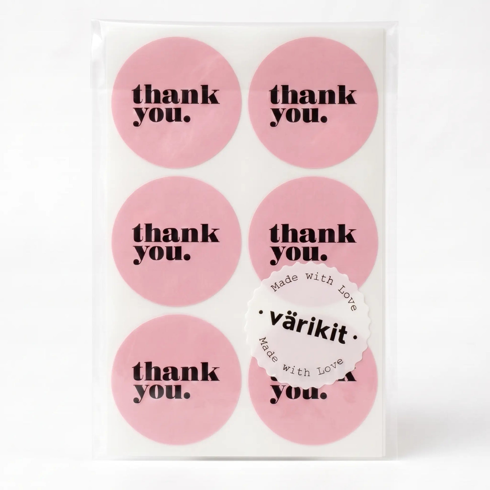 Minimalist bold type thank you sticker in pink and black