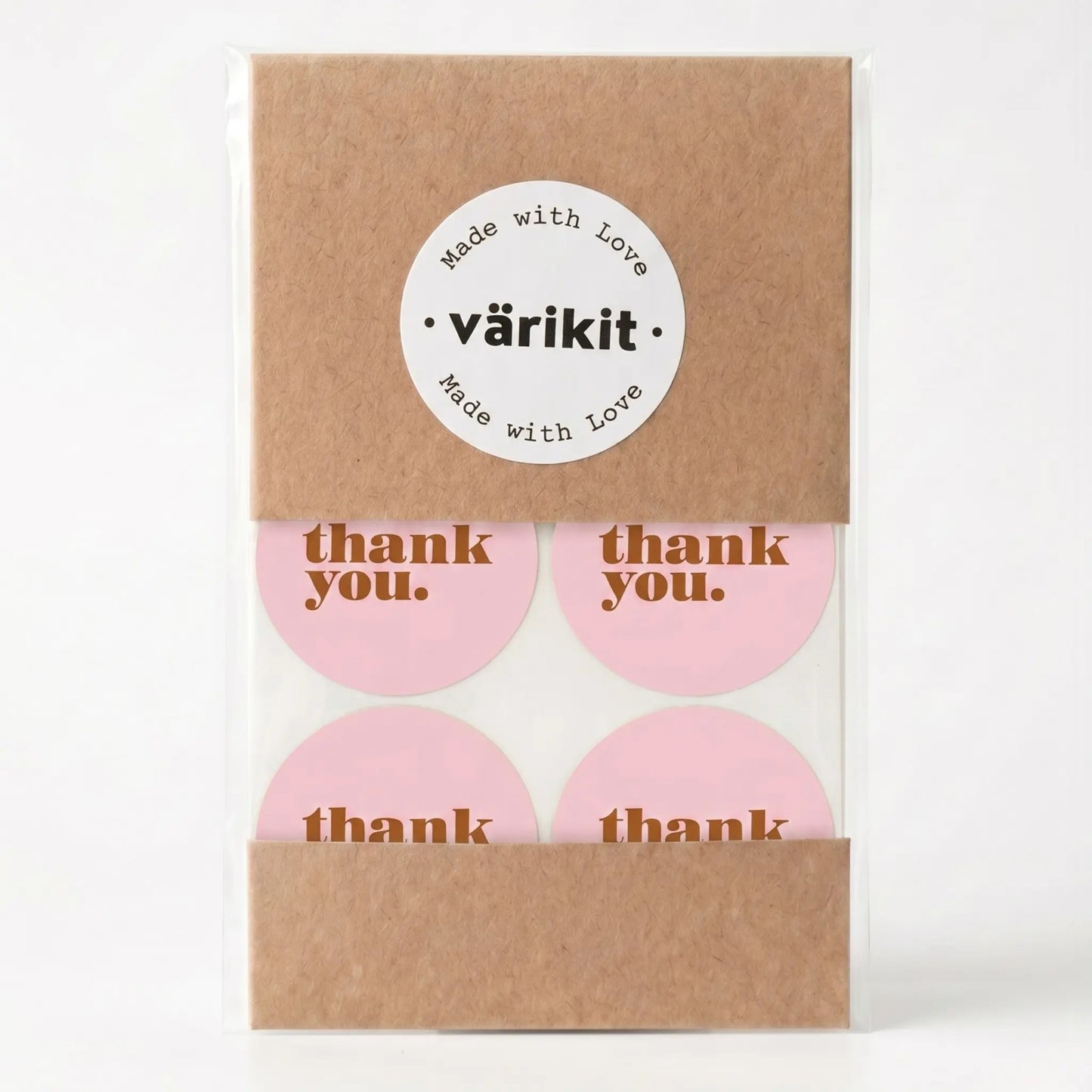 Thank you sticker with minimalist bold type clean design in pink and coffee