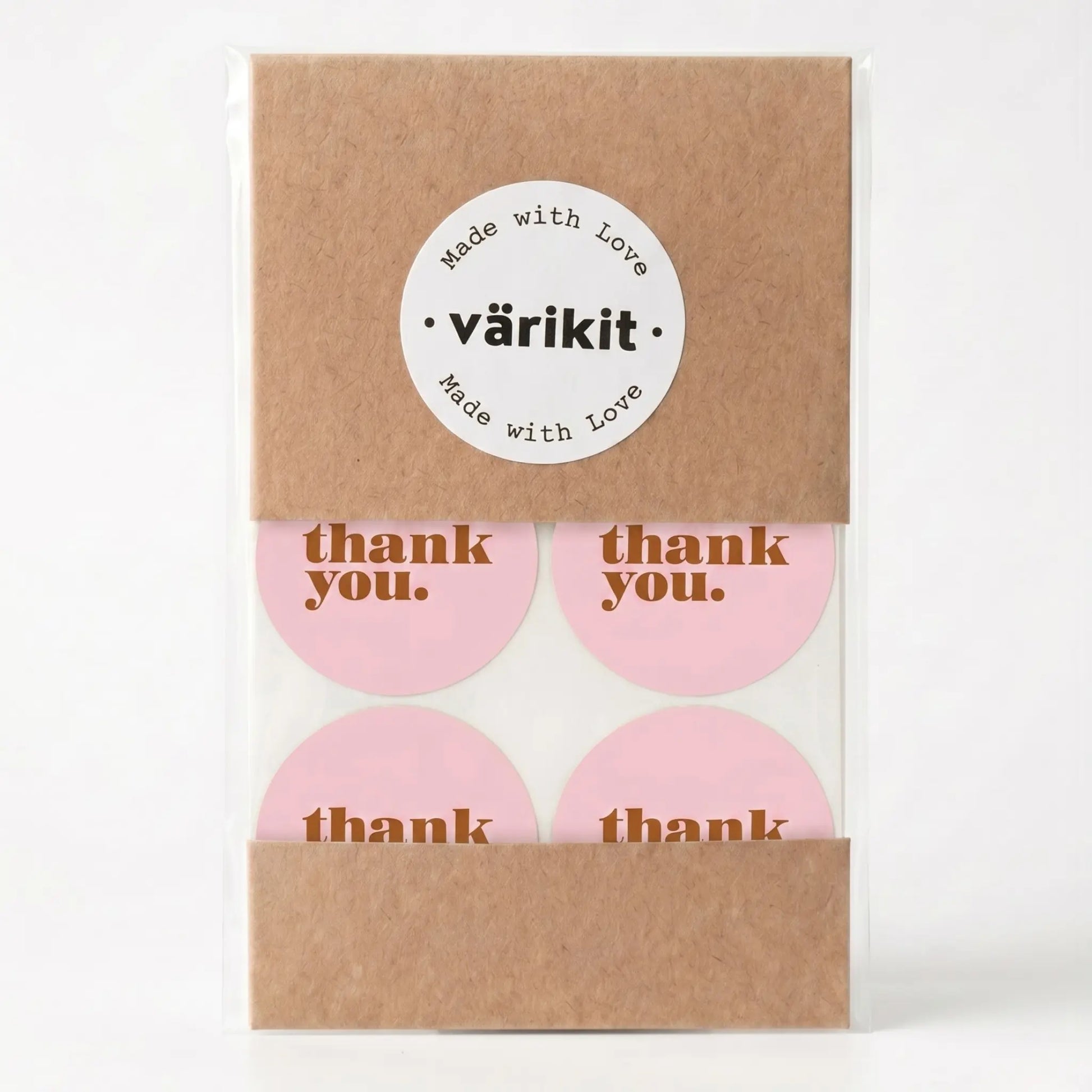 Thank you sticker with minimalist bold type clean design in pink and coffee