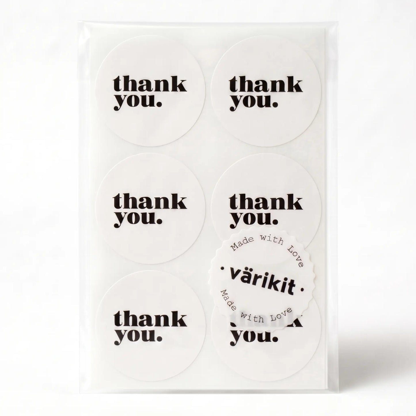 Thank you sticker with minimalist bold type clean design in white and black
