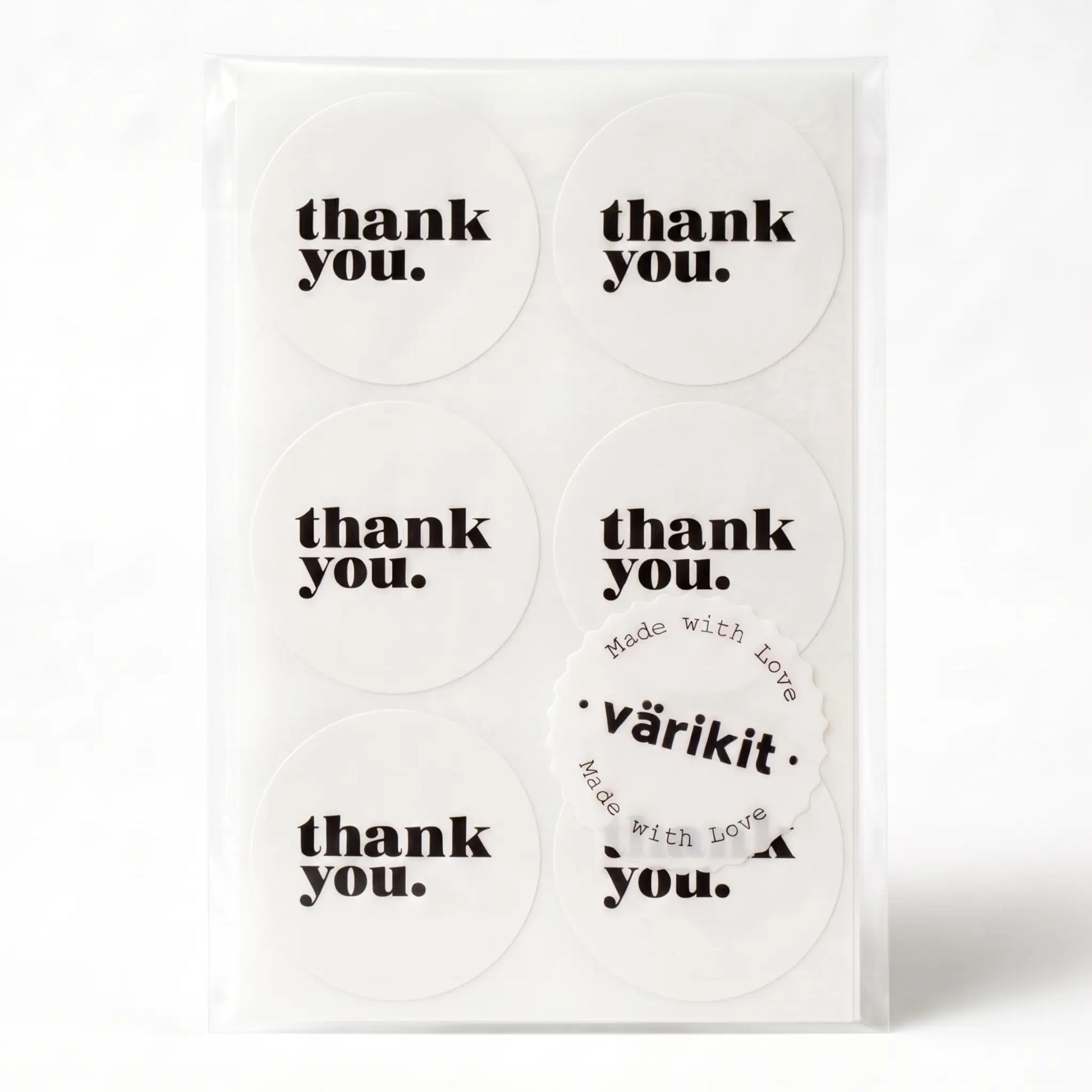Thank you sticker with minimalist bold type clean design in white and black
