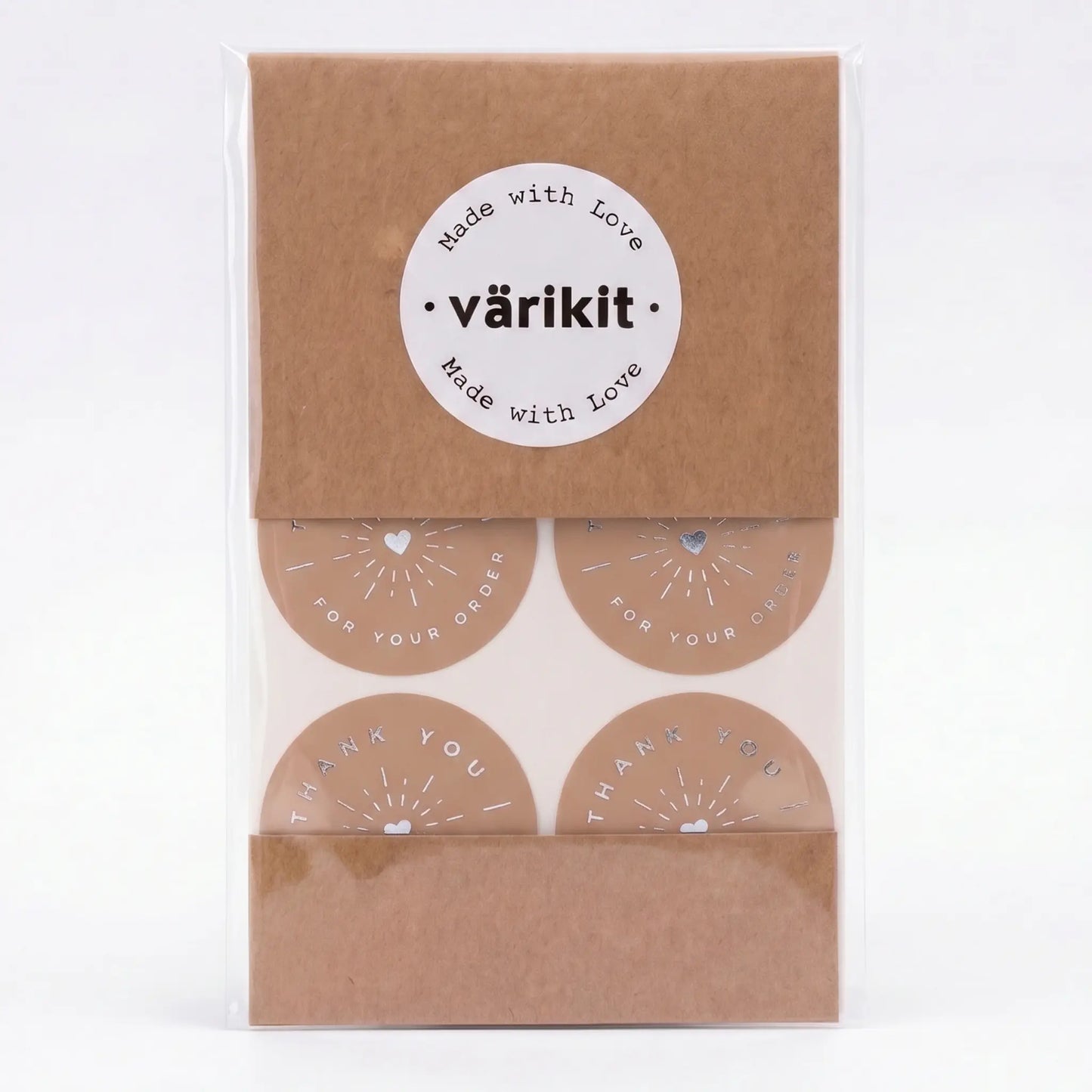 Thank you sticker with radiant starburst clean design in brown and silver foil
