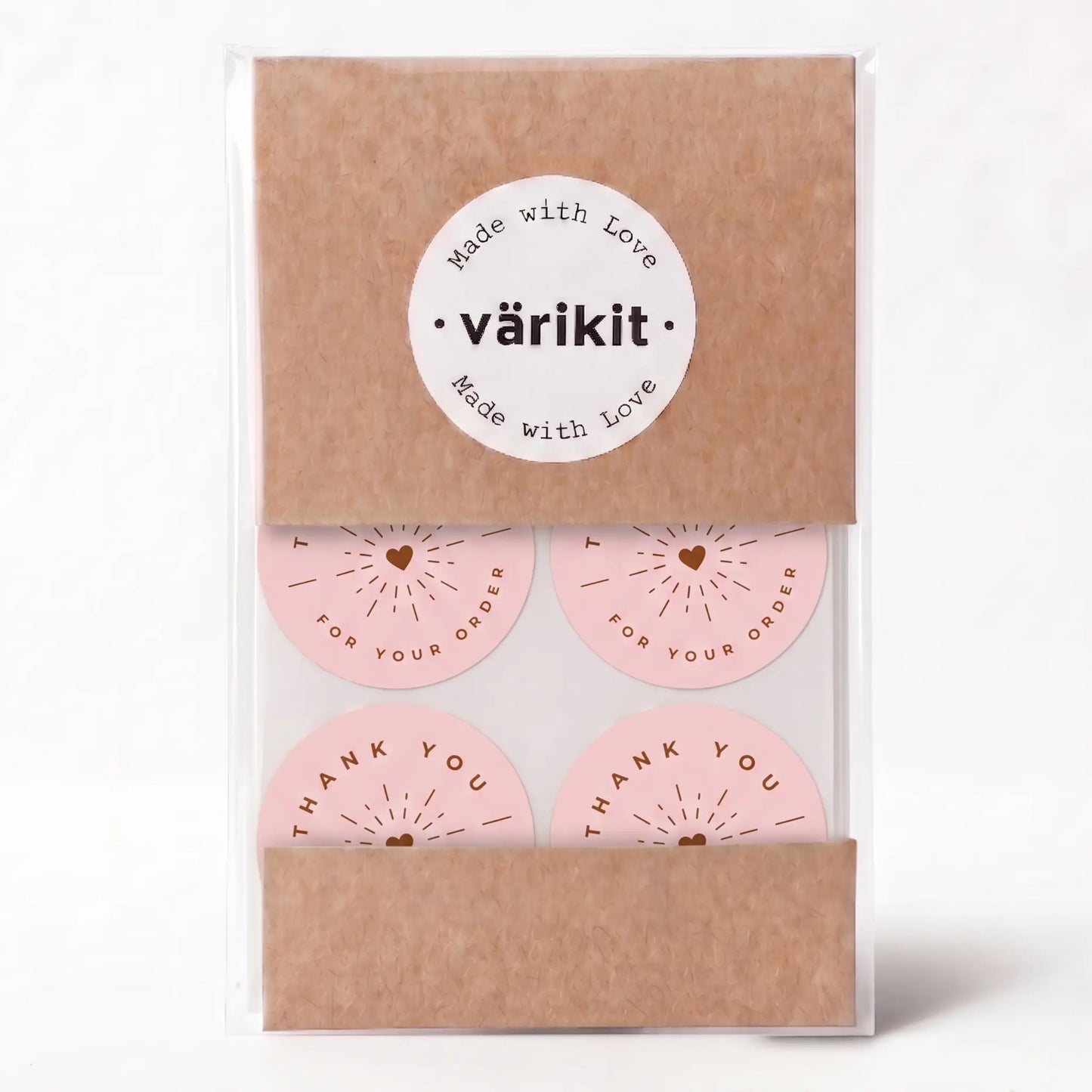 Thank you sticker with radiant starburst clean design in pink and coffee