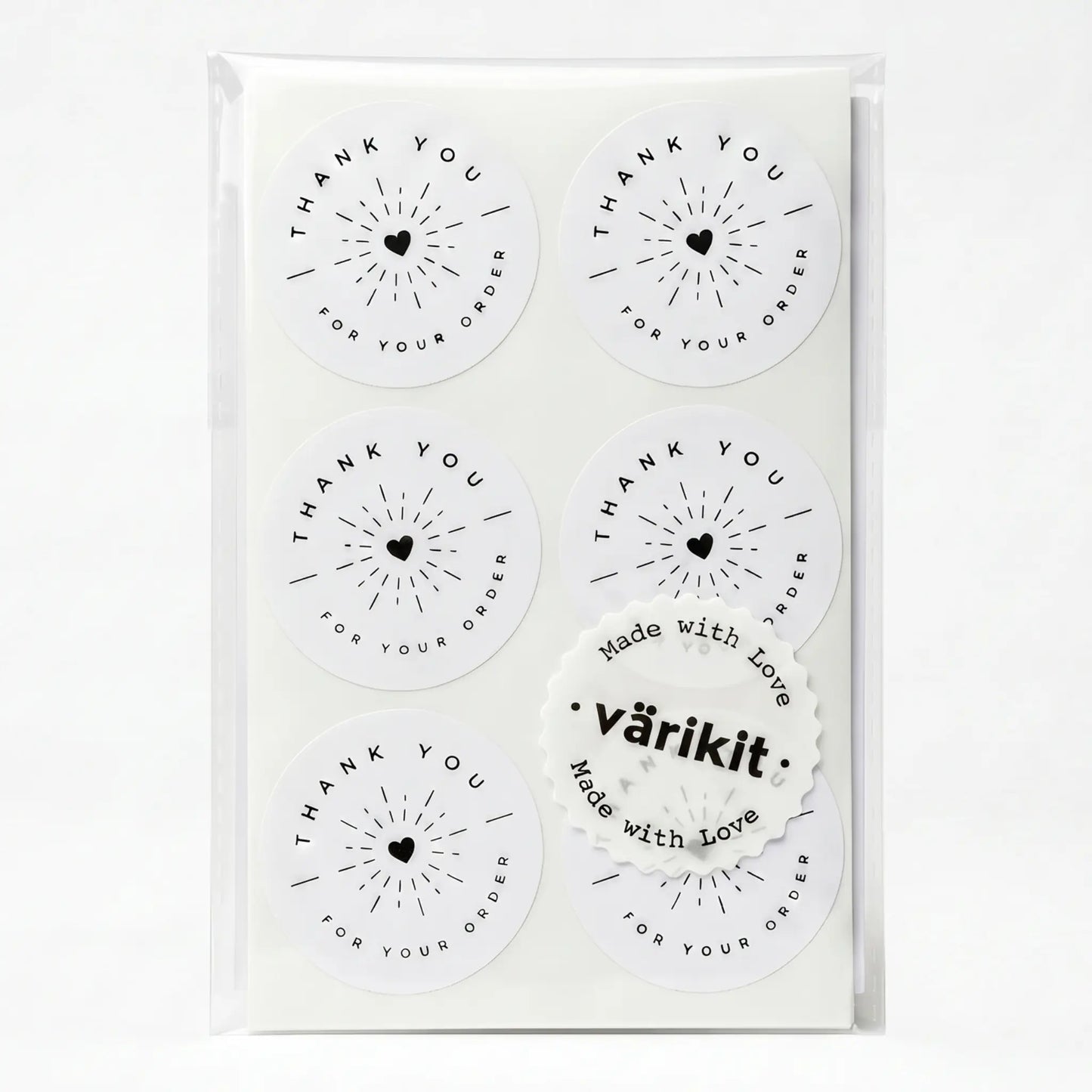 Thank you sticker with radiant starburst clean design in white and black