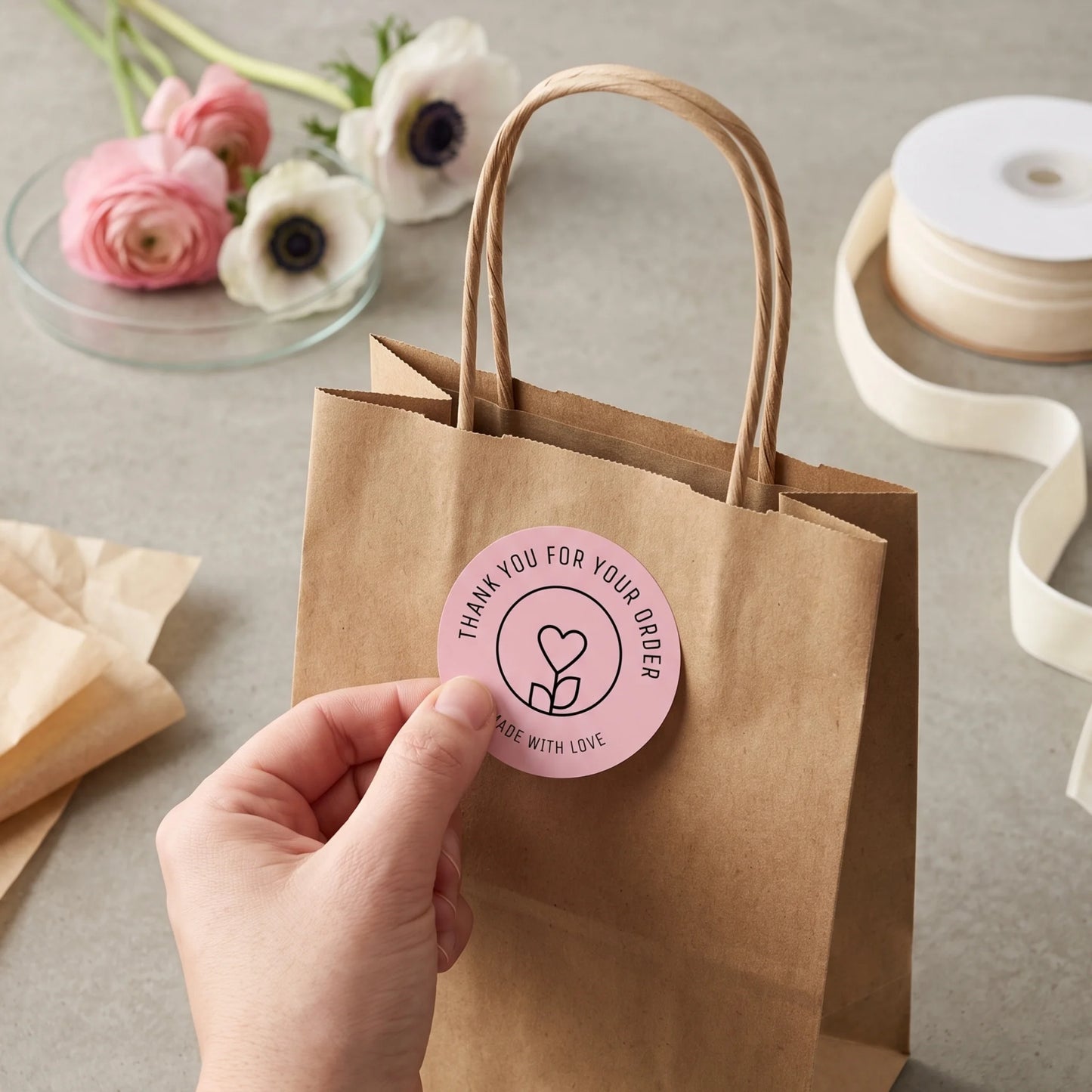 Pegatinas minimalistas de «Hecho con amor» para pequeñas empresas, tallo de flores con corazón, redondas de 2 pulgadas, 60 etiquetas | Varikit