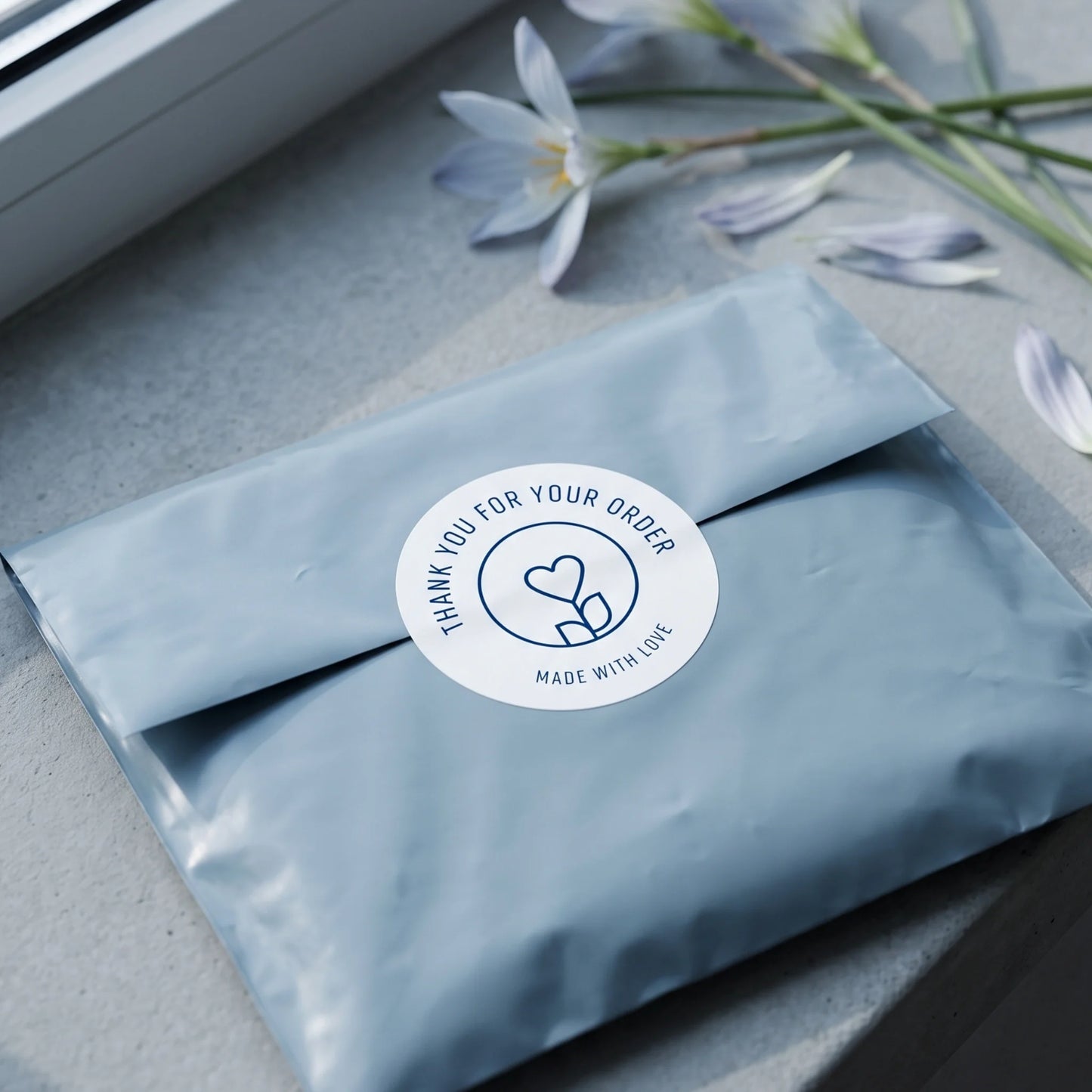 Pegatinas minimalistas de «Hecho con amor» para pequeñas empresas, tallo de flores con corazón, redondas de 2 pulgadas, 60 etiquetas | Varikit