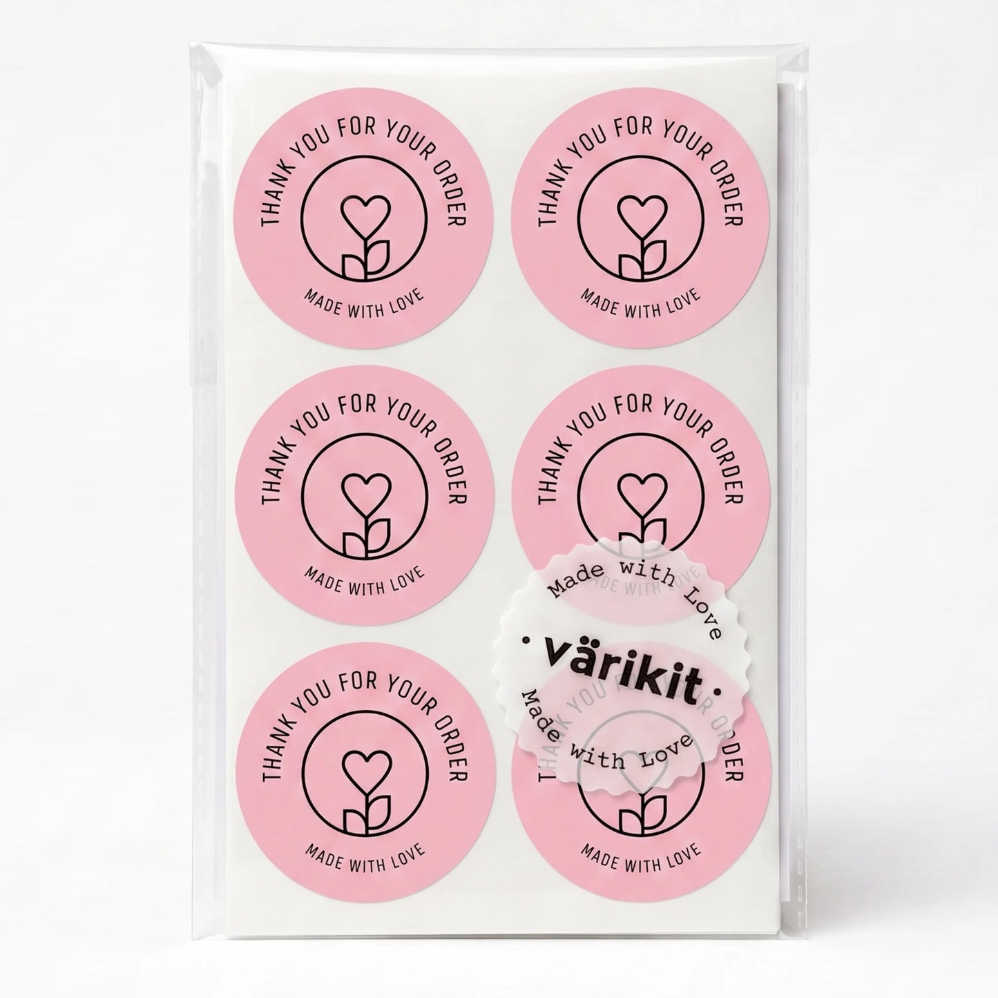 Pegatinas minimalistas de «Hecho con amor» para pequeñas empresas, tallo de flores con corazón, redondas de 2 pulgadas, 60 etiquetas | Varikit