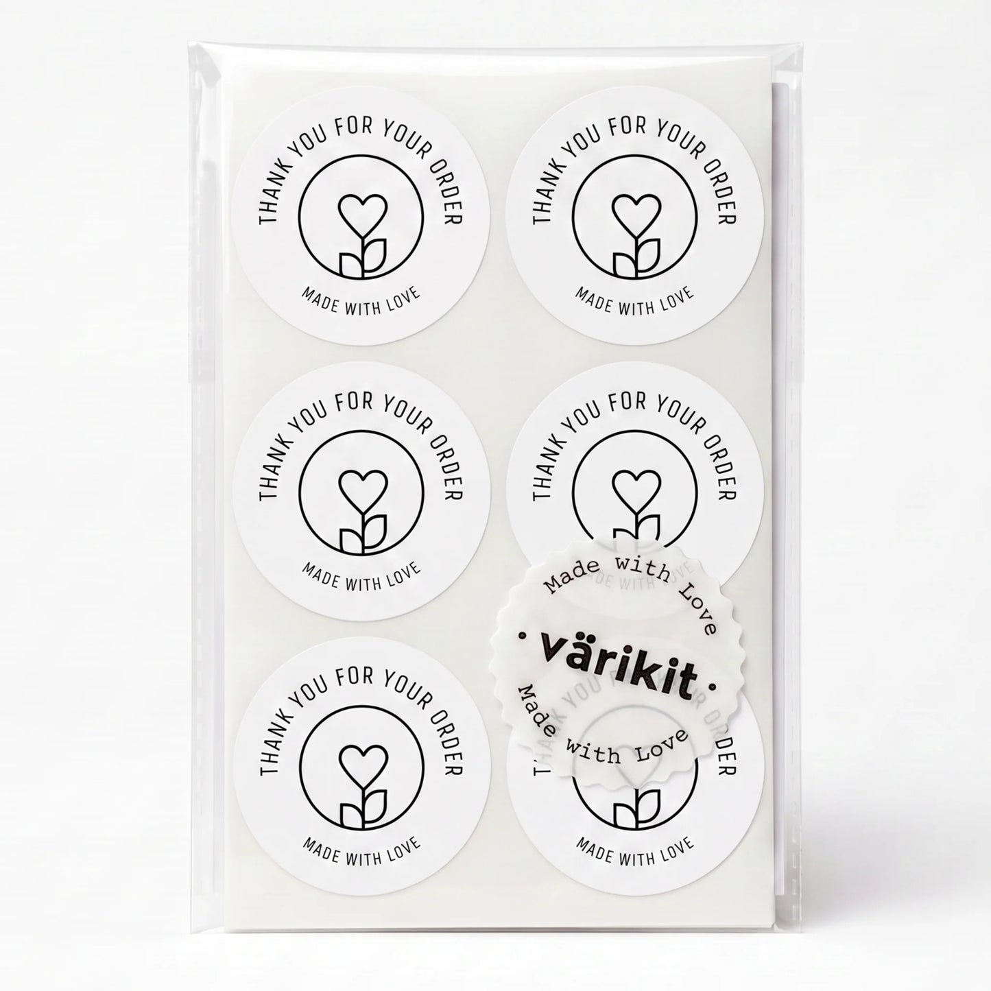 Pegatinas minimalistas de «Hecho con amor» para pequeñas empresas, tallo de flores con corazón, redondas de 2 pulgadas, 60 etiquetas | Varikit