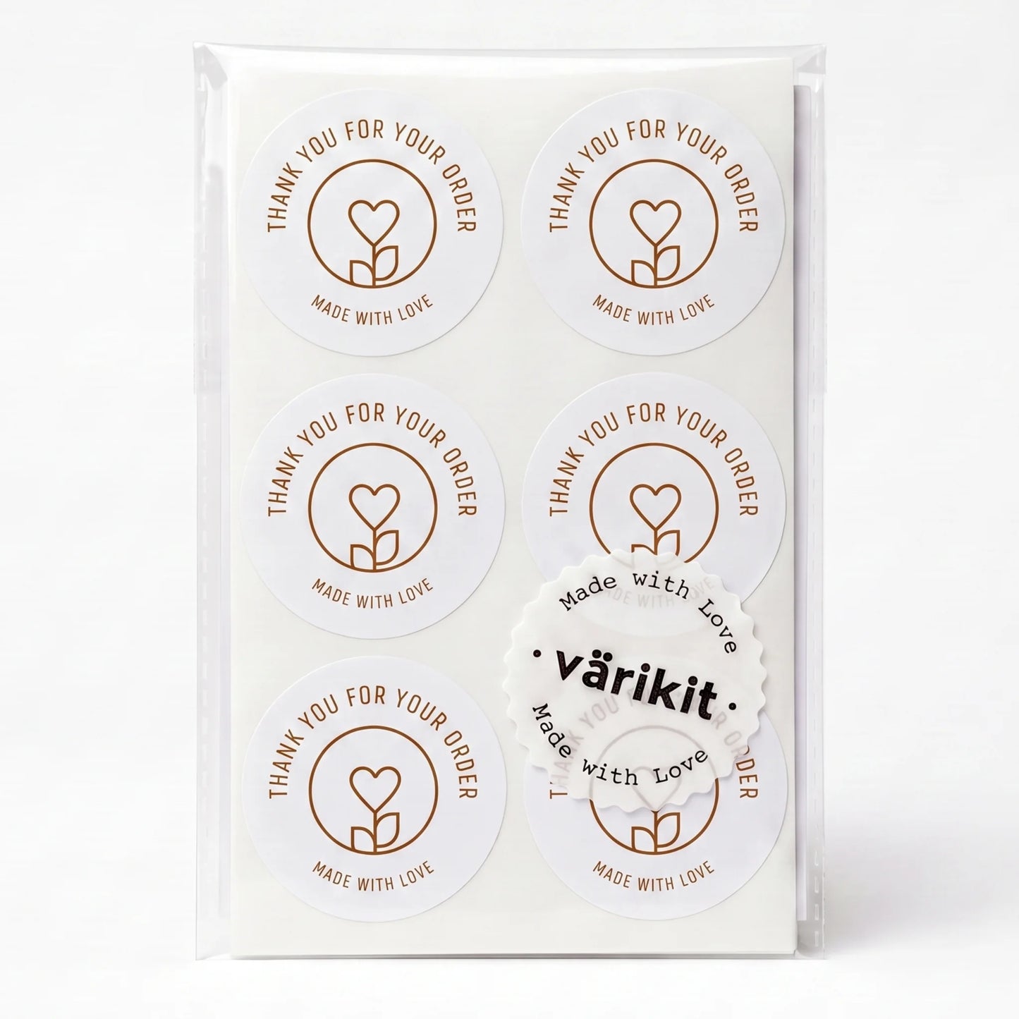 Pegatinas minimalistas de «Hecho con amor» para pequeñas empresas, tallo de flores con corazón, redondas de 2 pulgadas, 60 etiquetas | Varikit