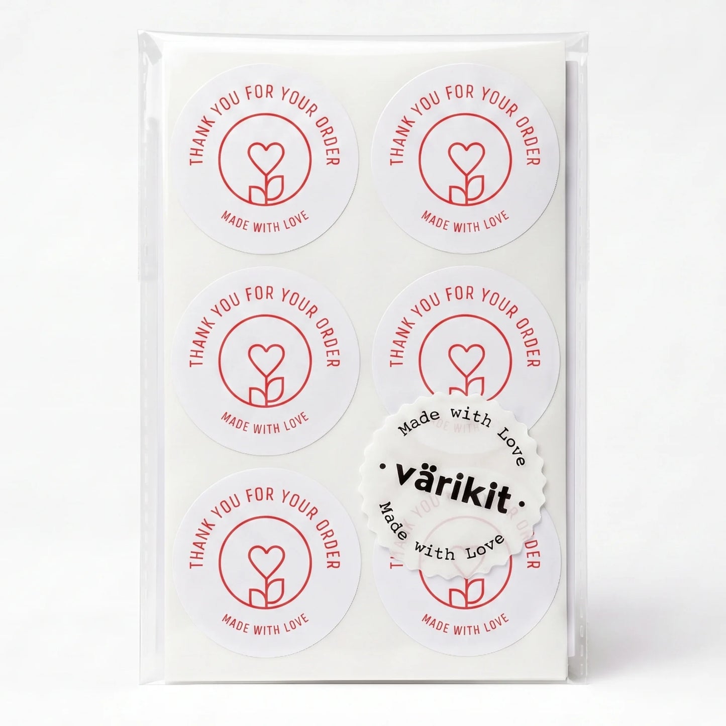 Pegatinas minimalistas de «Hecho con amor» para pequeñas empresas, tallo de flores con corazón, redondas de 2 pulgadas, 60 etiquetas | Varikit