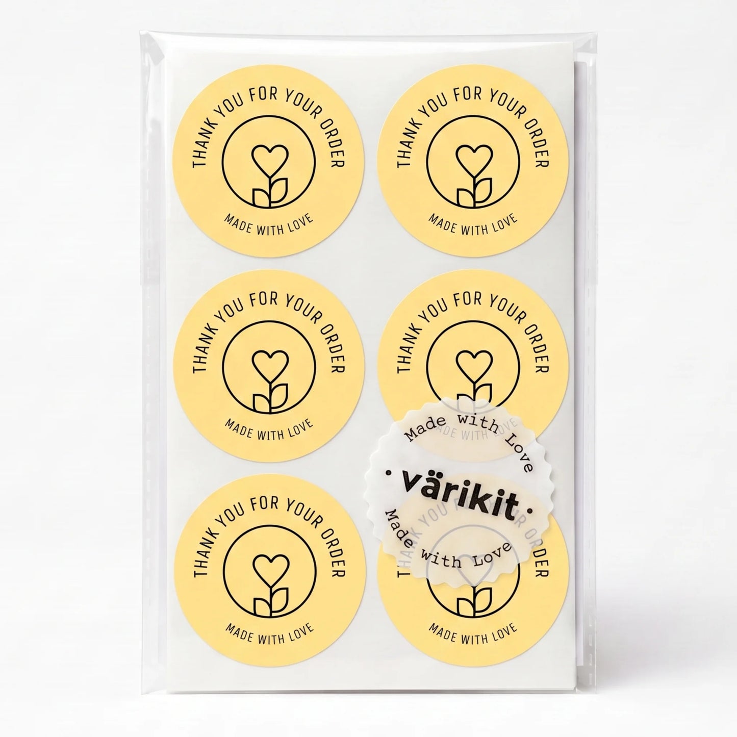 Pegatinas minimalistas de «Hecho con amor» para pequeñas empresas, tallo de flores con corazón, redondas de 2 pulgadas, 60 etiquetas | Varikit