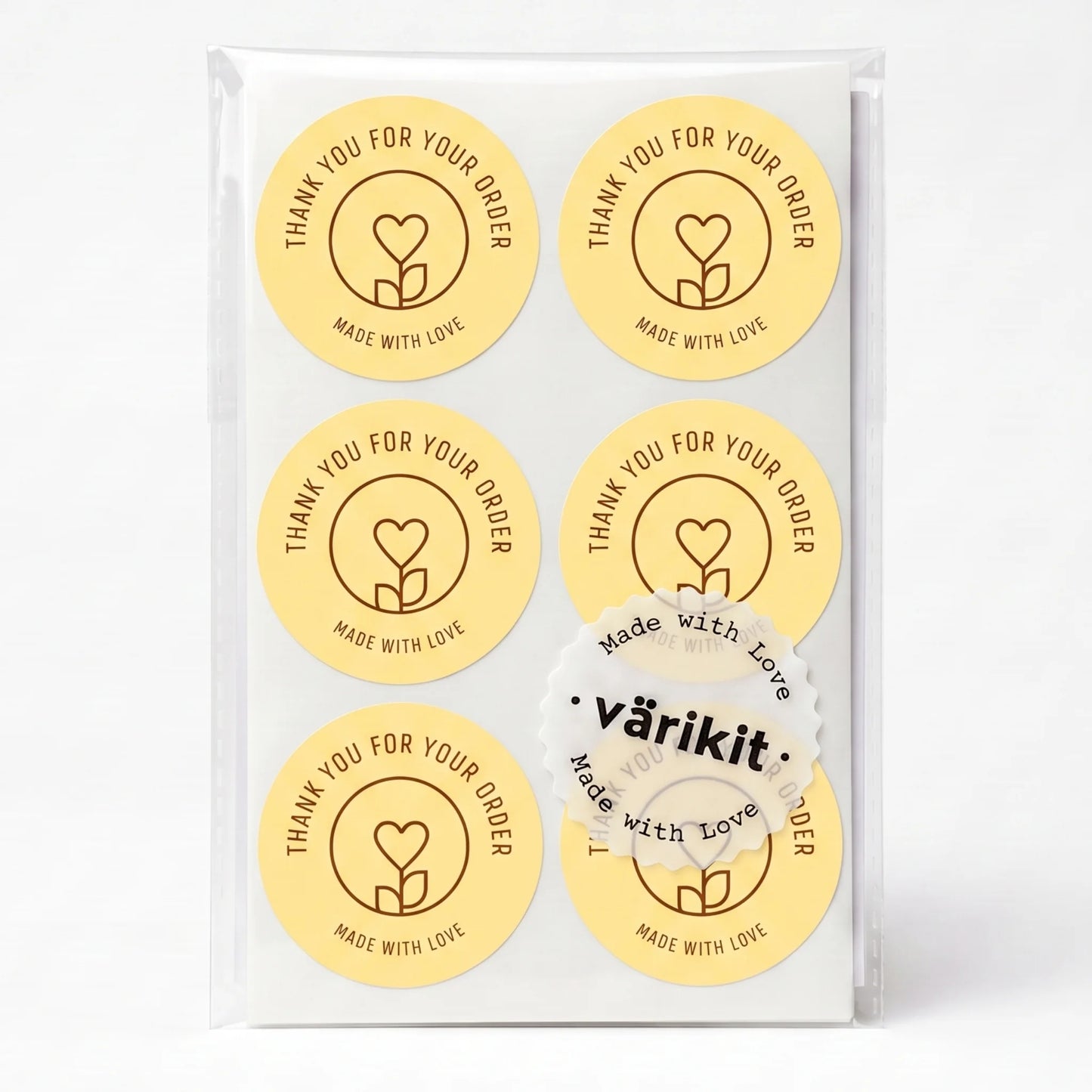 Pegatinas minimalistas de «Hecho con amor» para pequeñas empresas, tallo de flores con corazón, redondas de 2 pulgadas, 60 etiquetas | Varikit